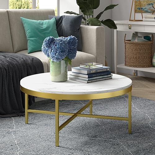 Henn&Hart 36" Wide Round Coffee Table with Faux Marble Top in Brass/Faux Marble, Modern coffee tables for living room, studio apartment essentials