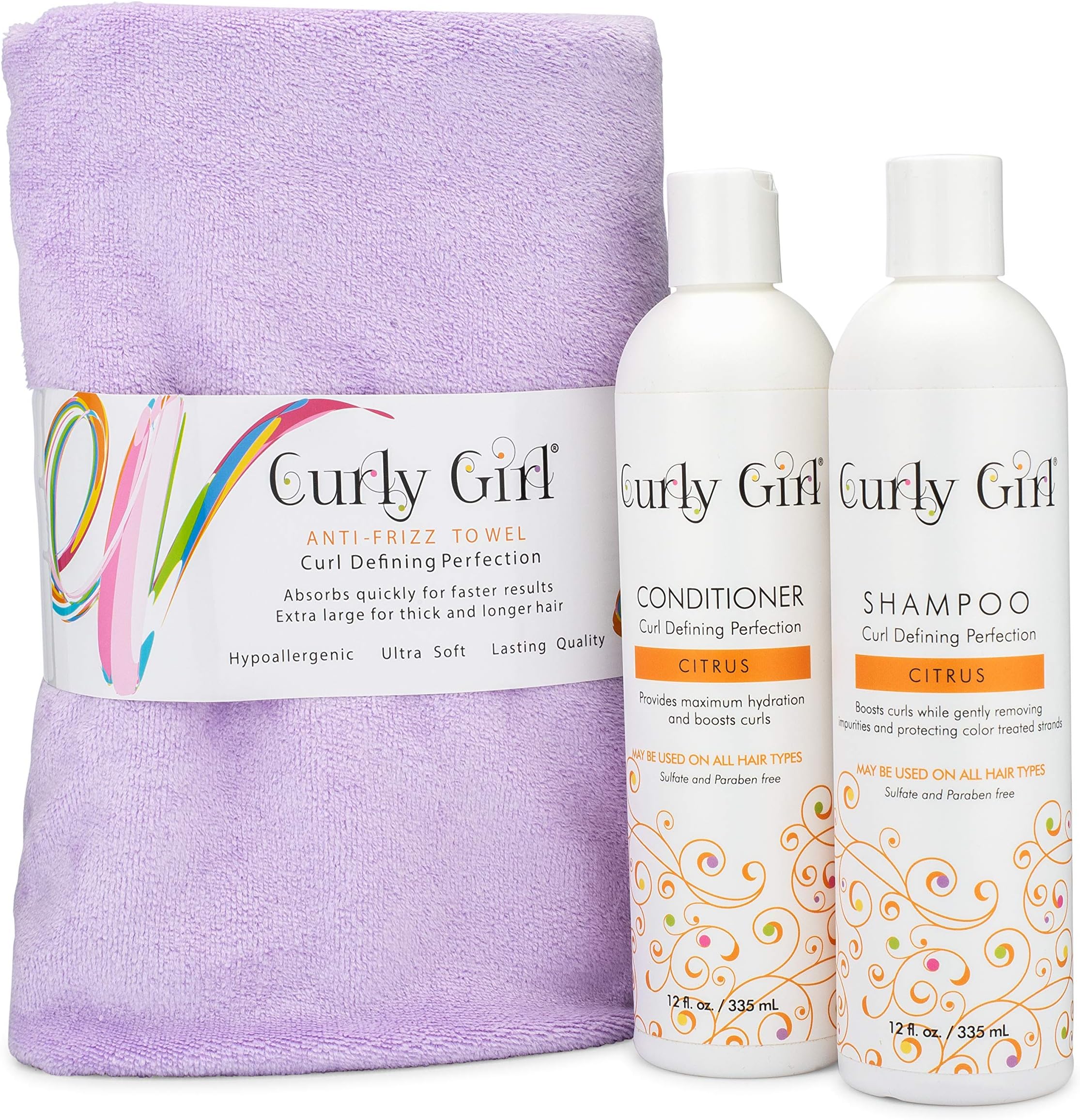 Curly GirlShampoo, Conditioner & Anti Frizz Microfiber Towel Set (Lavender)