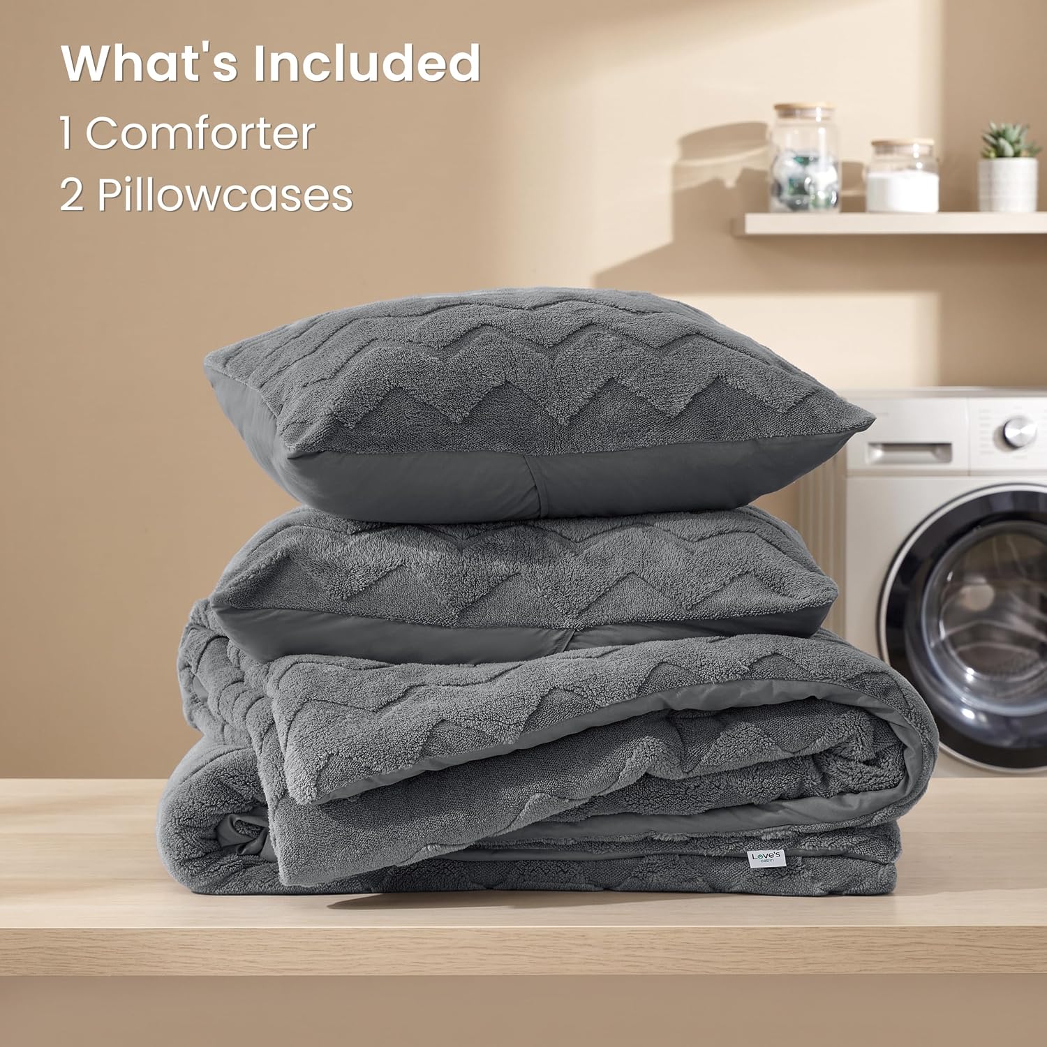 Love's cabin Fleece Queen Comforter Set, Fluffy Reversible Bedding, Grey