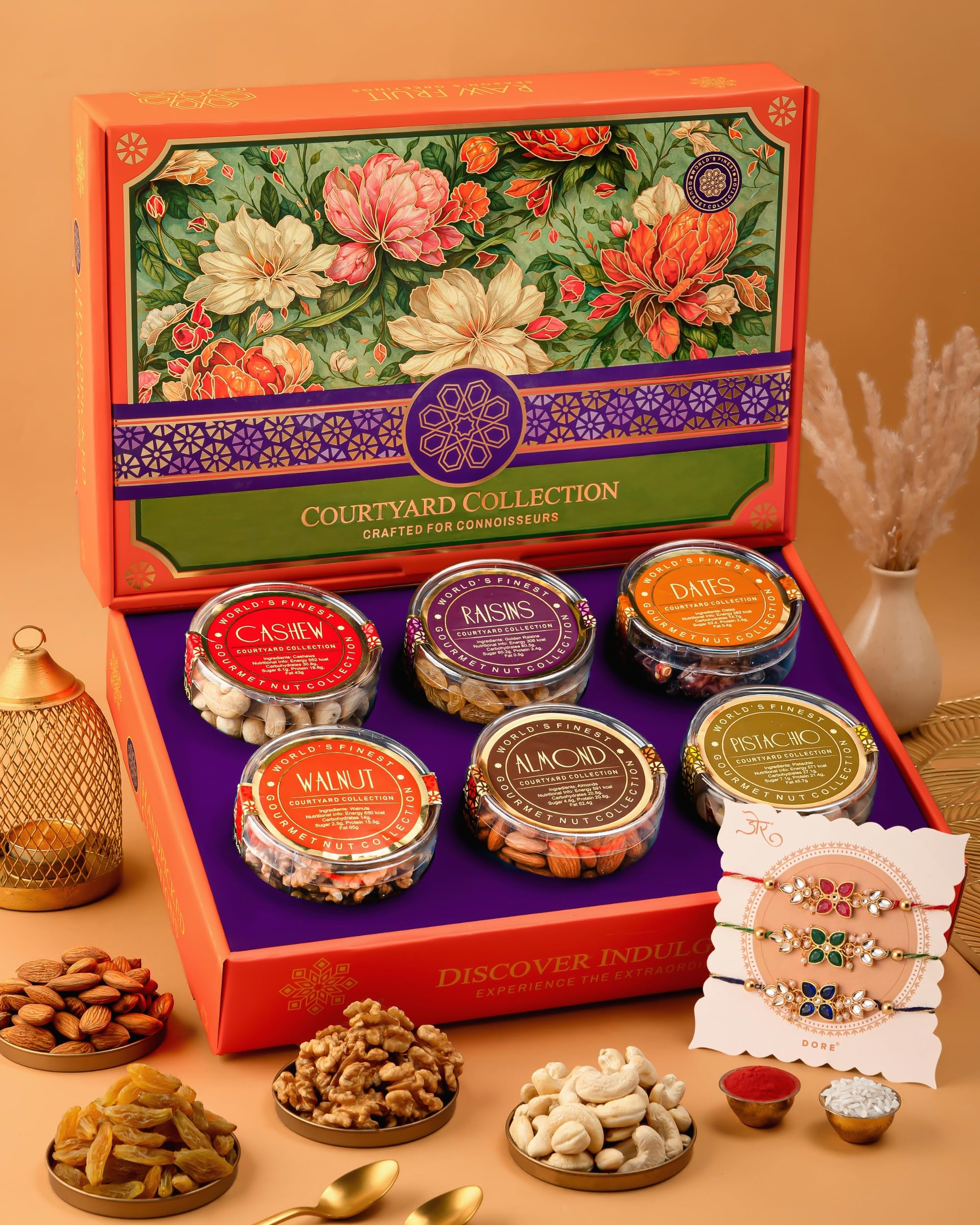 Hyperfoods® Rakhi for Brother with Gift Dry Fruits 745g RawFruit Courtyard Collection Pack of 6 Dry Fruits Gift Box Rakhi Set of 3 Gift Hampers DryFruits Gift Pack Dryfruit Box for Gift Dry Fruit Box
