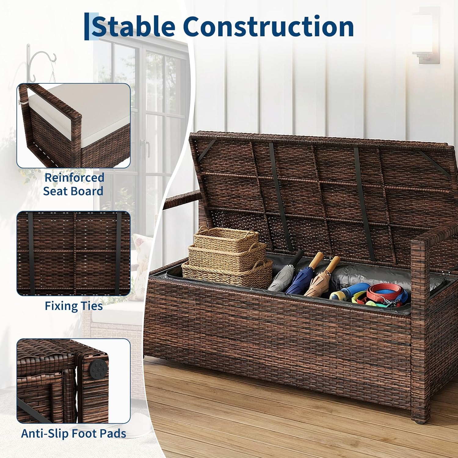 Outdoor Storage Bench with Cushion, 2-Person All-Weather PE Rattan Patio Bench with Backrest & Armrests, Waterproof Wicker Deck Box Seat for Garden, Porch, Poolside & Backyard, Metal Frame，Brown