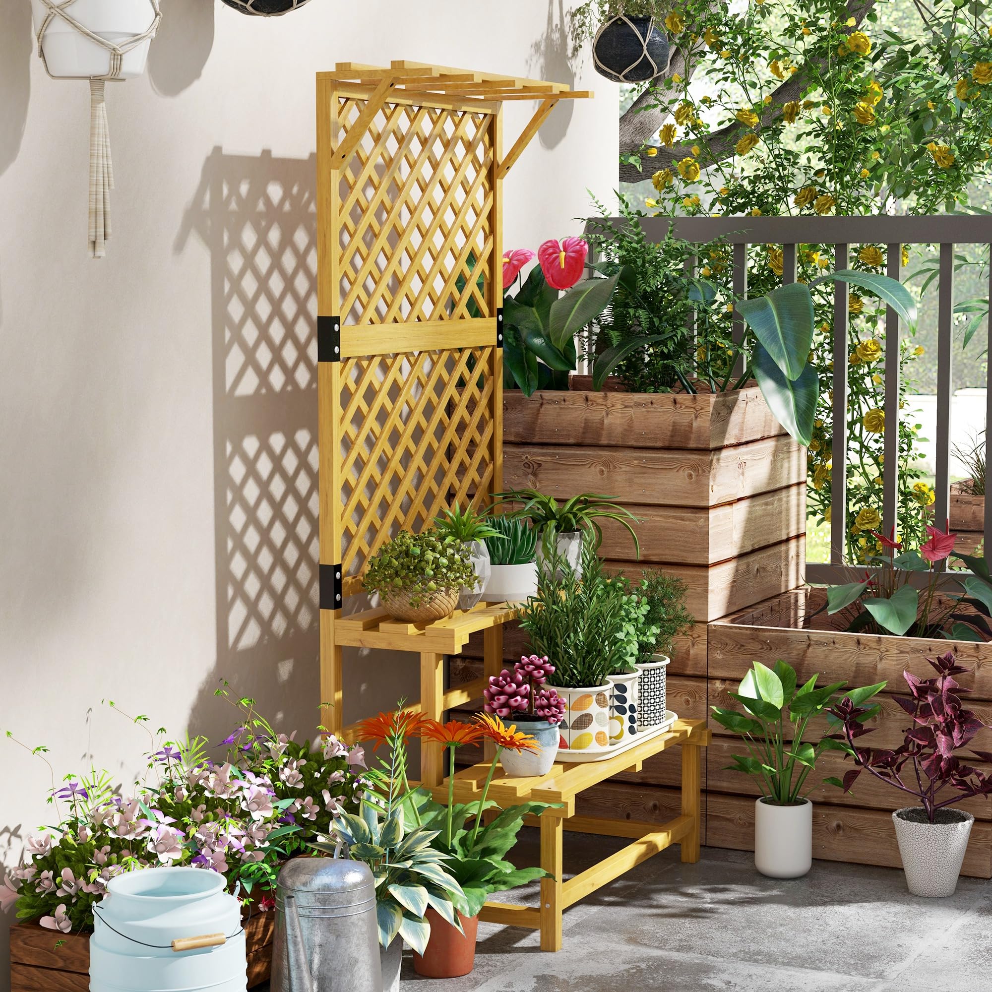 Outsunny Escalier à fleurs avec tuteur, 2 marches, toit, escalier pour plantes d'intérieur et extérieur, support de fleurs en bois, étagère à fleurs à plusieurs étages pour jardin, balcon, 75 x 50 x
