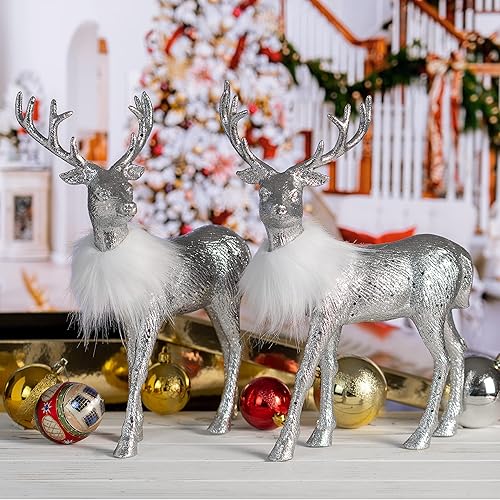 Miniatura 4 de Ornativity Reno de Navidad con purpurina plateada, estatuas de ciervo, decoración de mesa, mantel de centro de mesa, 12 pulgadas, paquete de 2
