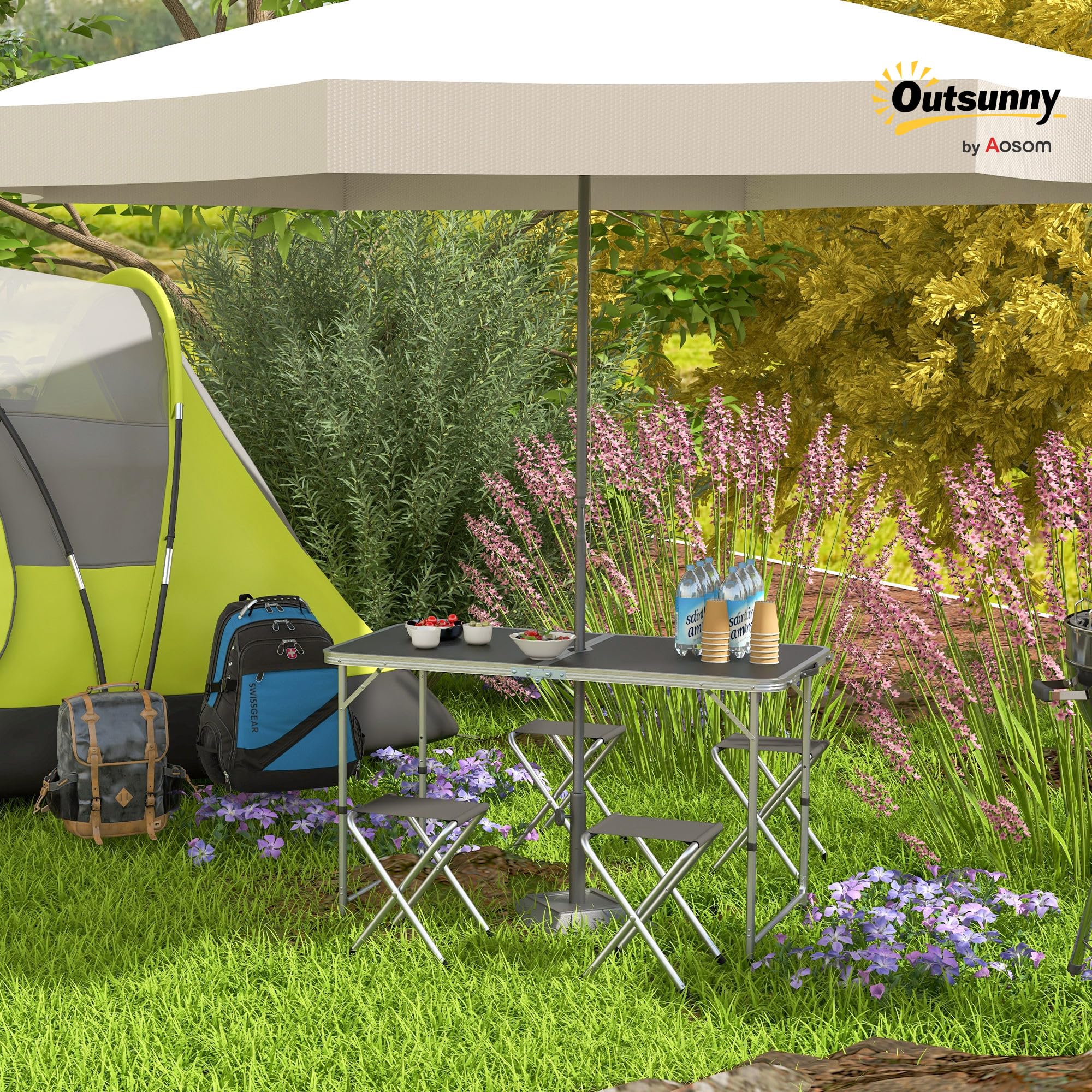 Outsunny Ensemble Table et Chaise de Camping Pliantes 5 pièces, Table à Hauteur Ajustable avec 4 chaises Pliantes, avec Trou de Parasol, Gris foncé