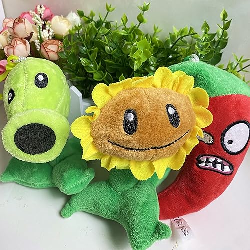Miniatura 6 de Juego de 3 llaveros de peluche de plantas de PVZ, juguetes de peluche de PVZ suave, figura de girasol, guisante verde, colgante de pimiento rojo,