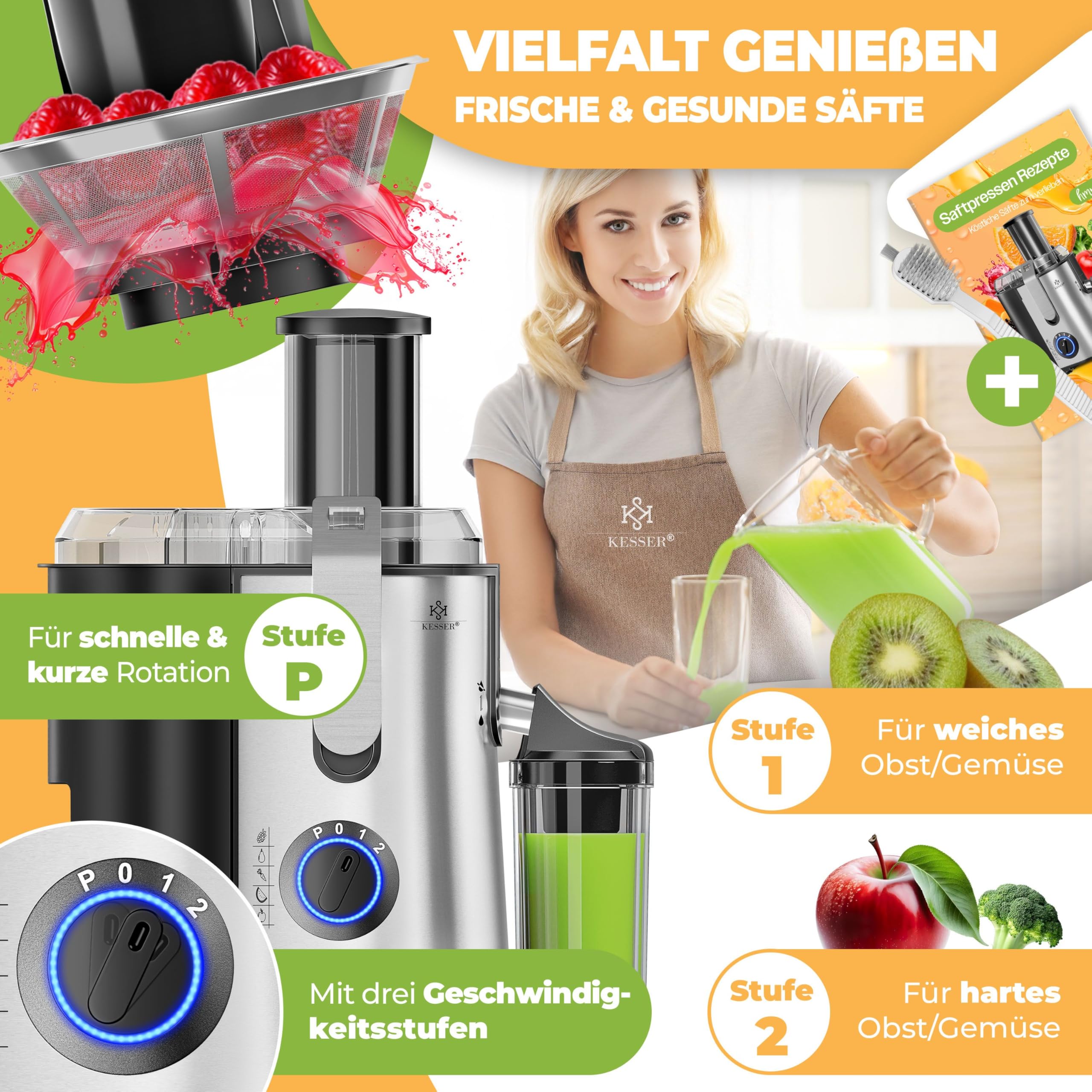 KESSER Zentrifuge Entsafter 1100W Edelstahl, Große Fütterungsröhre, 3 Stufen, Elektrische Saftpresse, Grau/Silber
