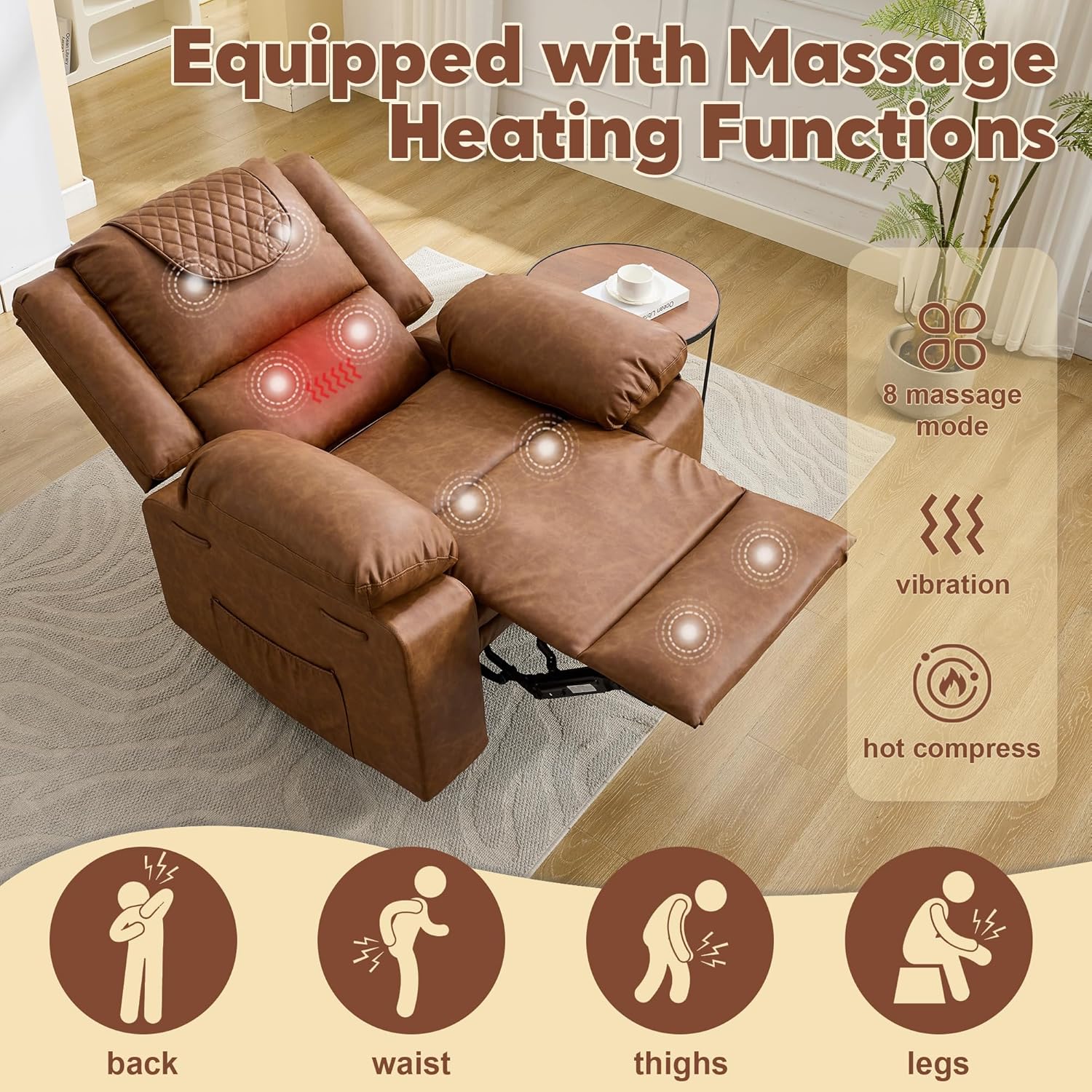Manual Recliner Chair for Adults - 135° Front & Rear Adjustable, with Heating & Massage, Side Storage Pockets & Remote Control, Ideal for Living Room & Bedroom(Brown)