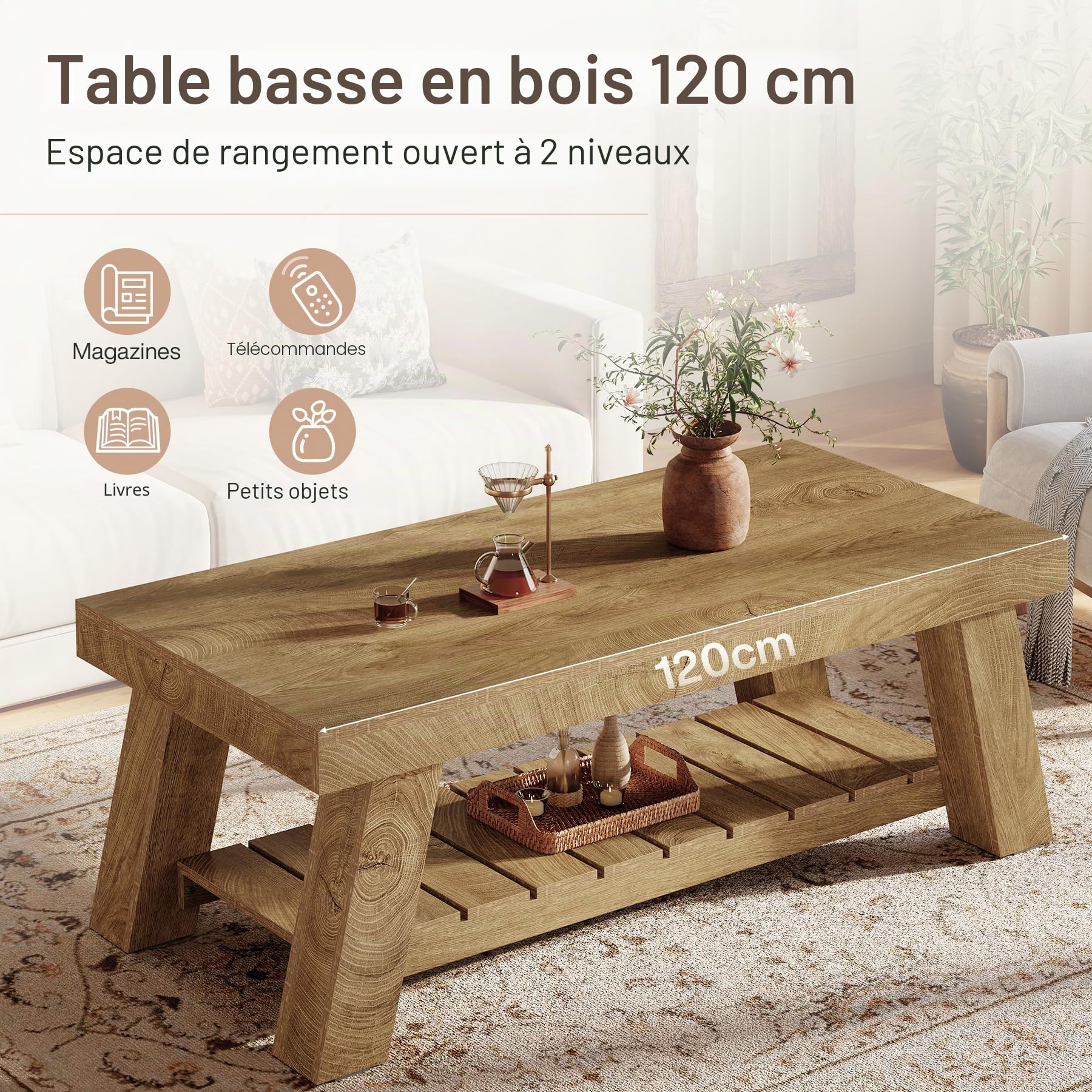 Tribesigns Table Basse, Table de Salon Style Campagne avec Pieds en V, 120 x 60 cm Table Basse Rectangulaire pour Canapé, Facile à Assembler, Brun Rustique