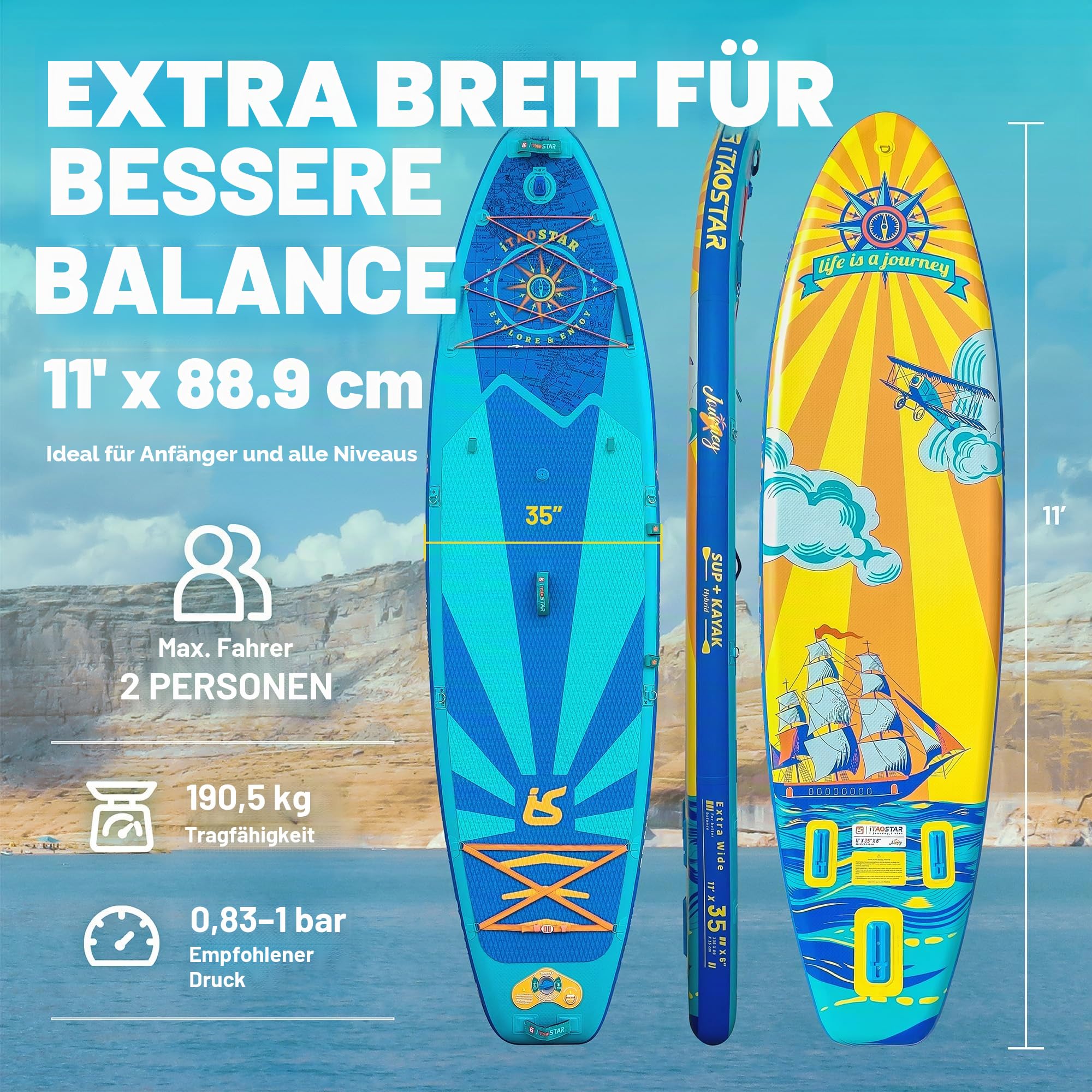 iTAOSTAR Journey 86cm/89cm Aufblasbares Stand Up Paddle Borad mit Sitz, Extrabreit Inflatable Paddling Board für Anfänger, Aufblasbare SUP Board mit Komplettes Zubehör Allround Surfbrett für Yoga