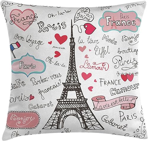 Ambesonne Funda de cojín con diseño de la Torre Eiffel, diseño de la bandera de París con forma de corazón, diseño decorativo de bocetos y garabatos