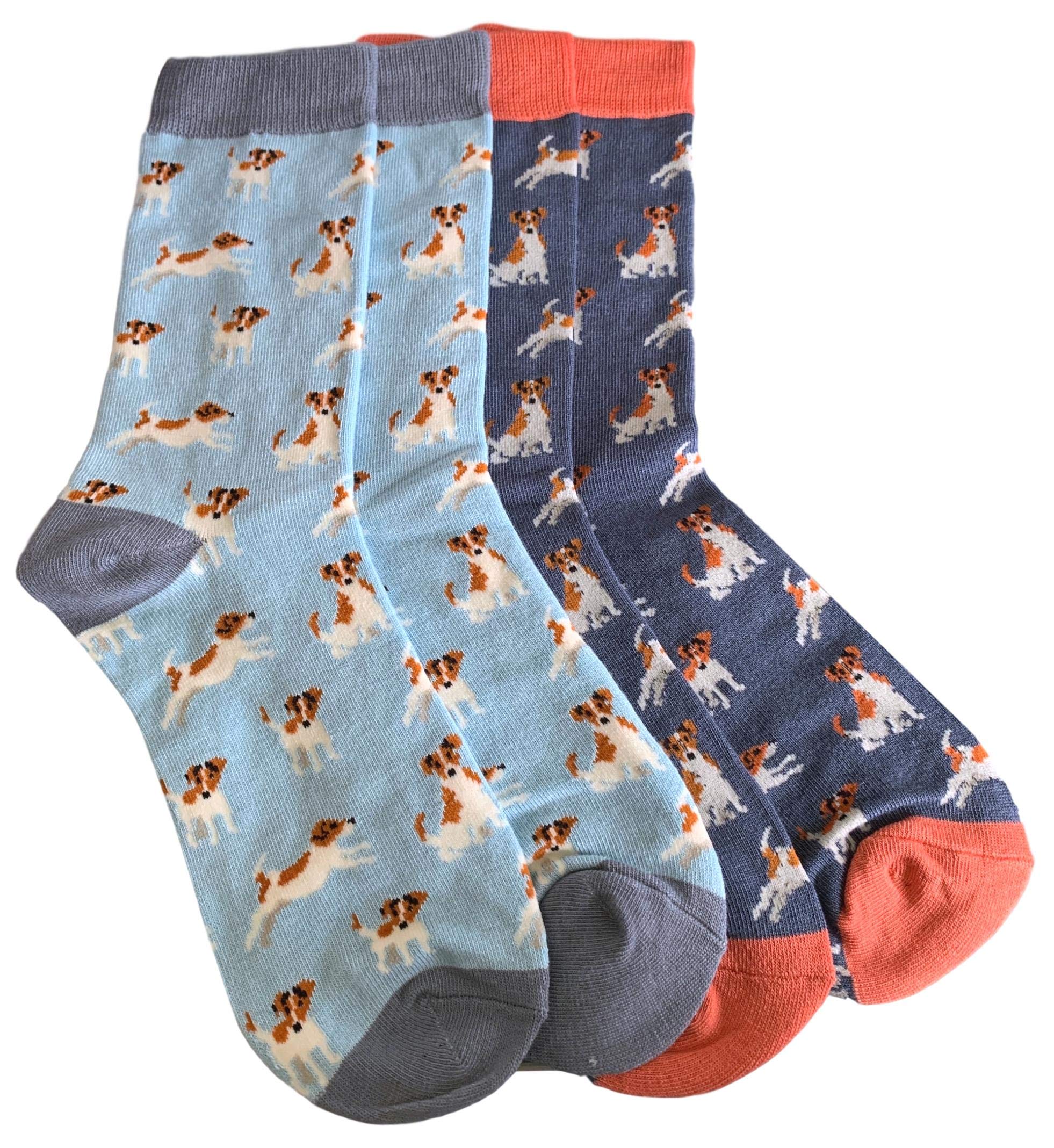 Purple Possum® Socks Jack Russell Dog Print Ladies Blue Multi Pack Soft Bamboo Cotton Blend Dogs Sock Gift Idea (Light Blue/Dark Blue)