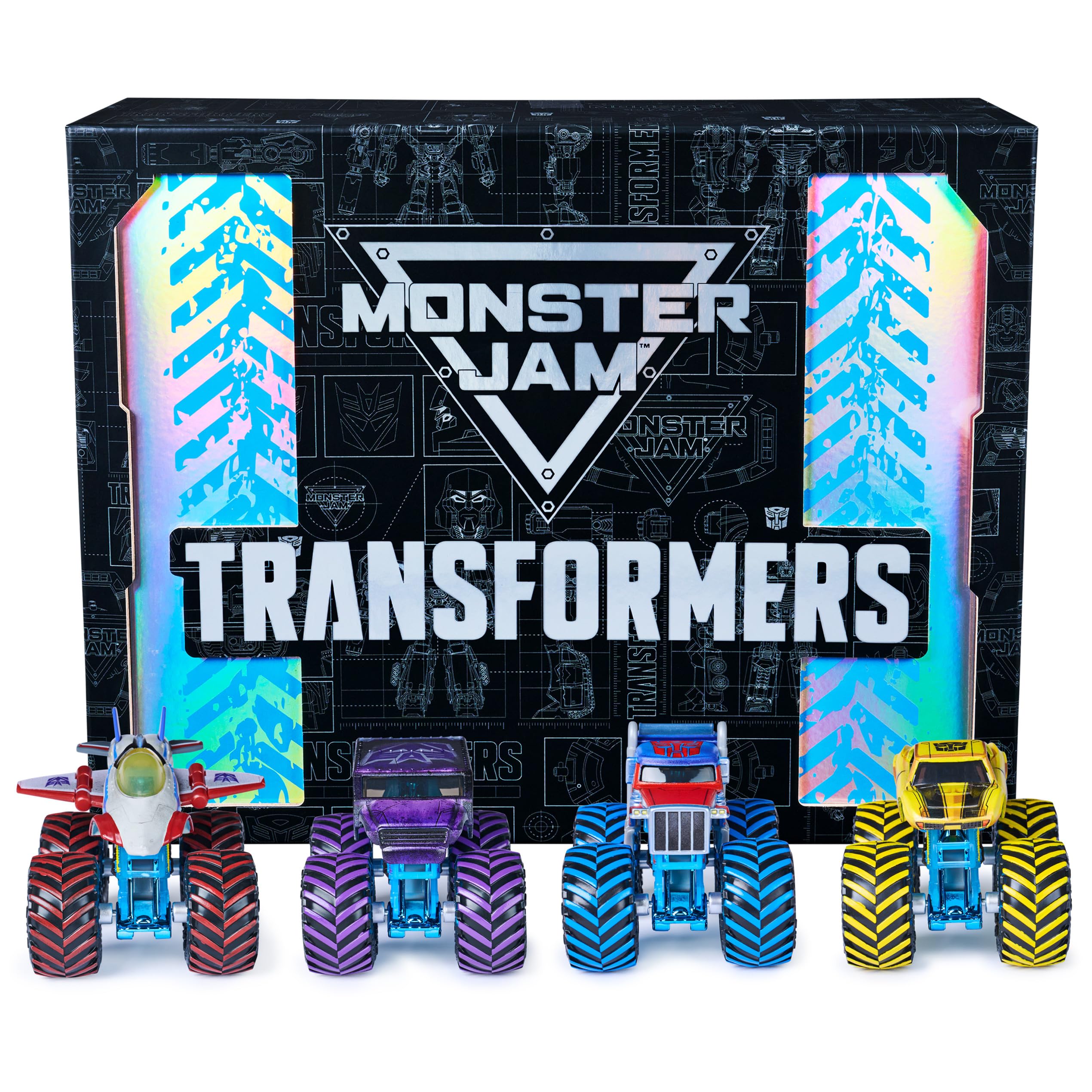 Monster Jam Transformers Monster Trucks Die Cast Vehicle, 1:64 Scale 4-Pack | Official Optimus Prime, Megatron, Starscream & Bumblebee, Real BKT Tires, Pretend Play Gifts for Kids & Collectors Ages 3+