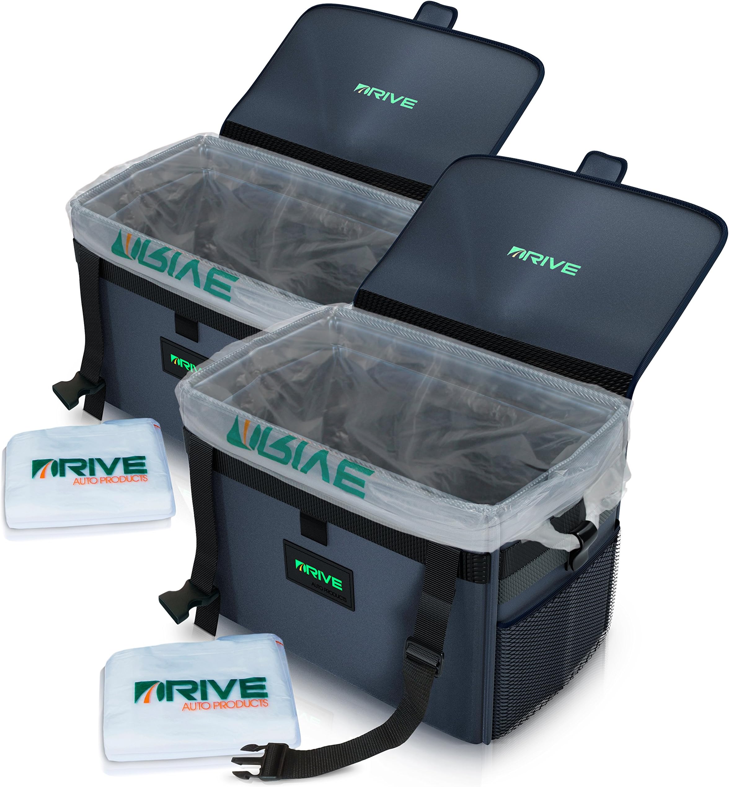The DRIVE Bin XL (2-Pack), Black Strap - Best Large Car Trash Can for Litter, Takes Grocery Bag Size Disposable Liners, 10-Piece Starter Pack Included! Recycle Auto Garbage Kit is Waterproof, Big Size