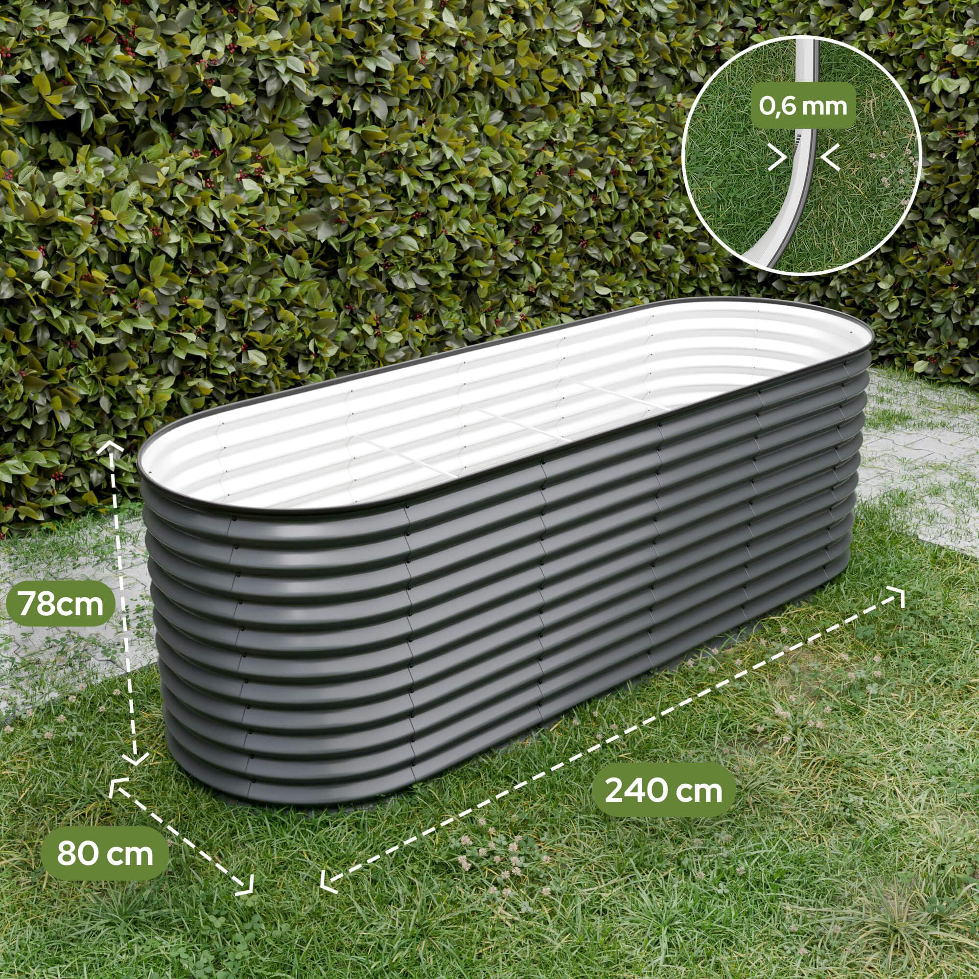 AREBOS Jardinière Surélevée Ovale 240×80×78 cm | Acier Galvanisé avec Bord en Caoutchouc 1170 L | pour Jardin, Terrasse et Balcon | Stable avec Traverses