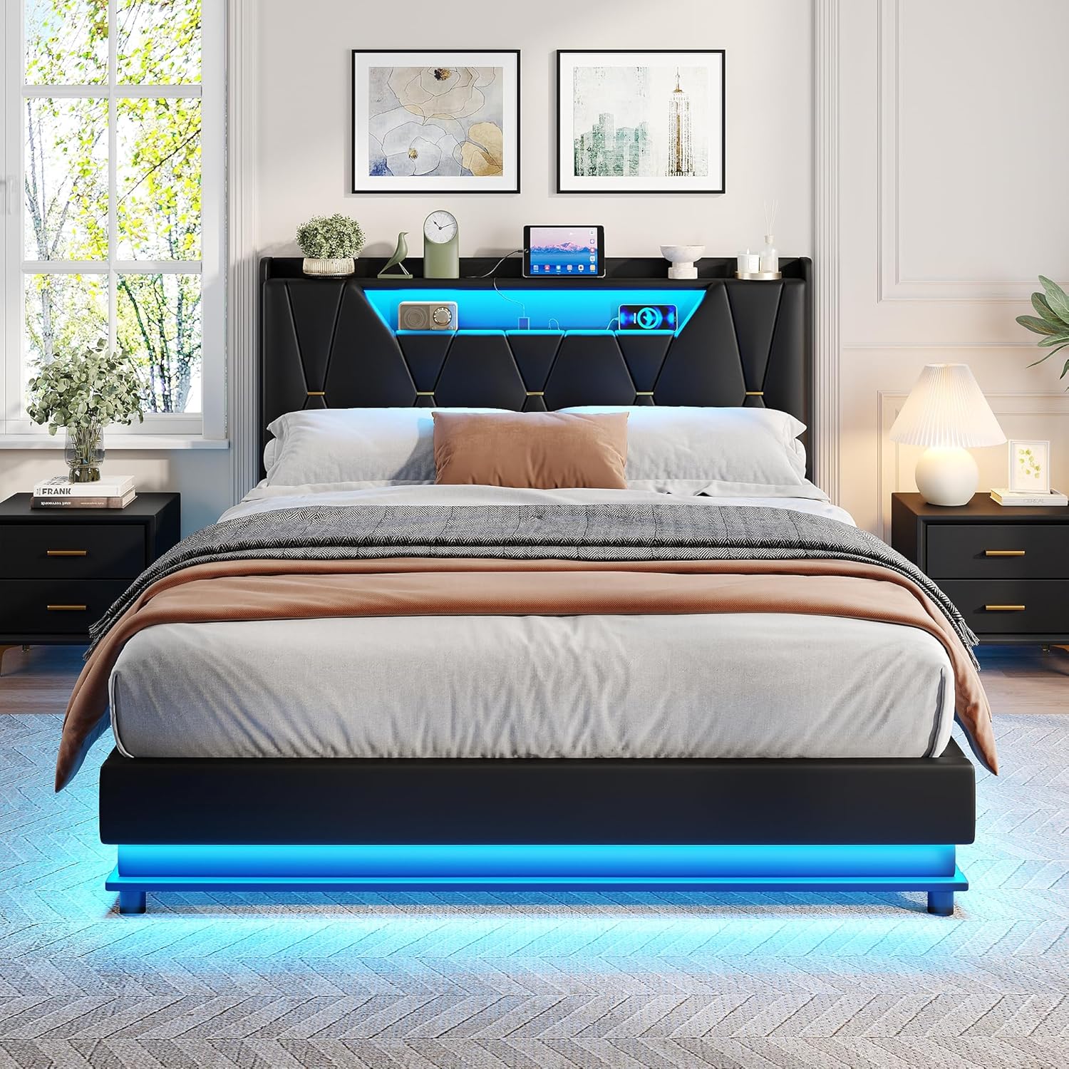 Vabches Queen Size Lift Up Storage Bed Frame, Storage Headboard, Charging Station, LED Lights Upholstered Platform Bed, No Box Spring Needed, Noise-Free, Black