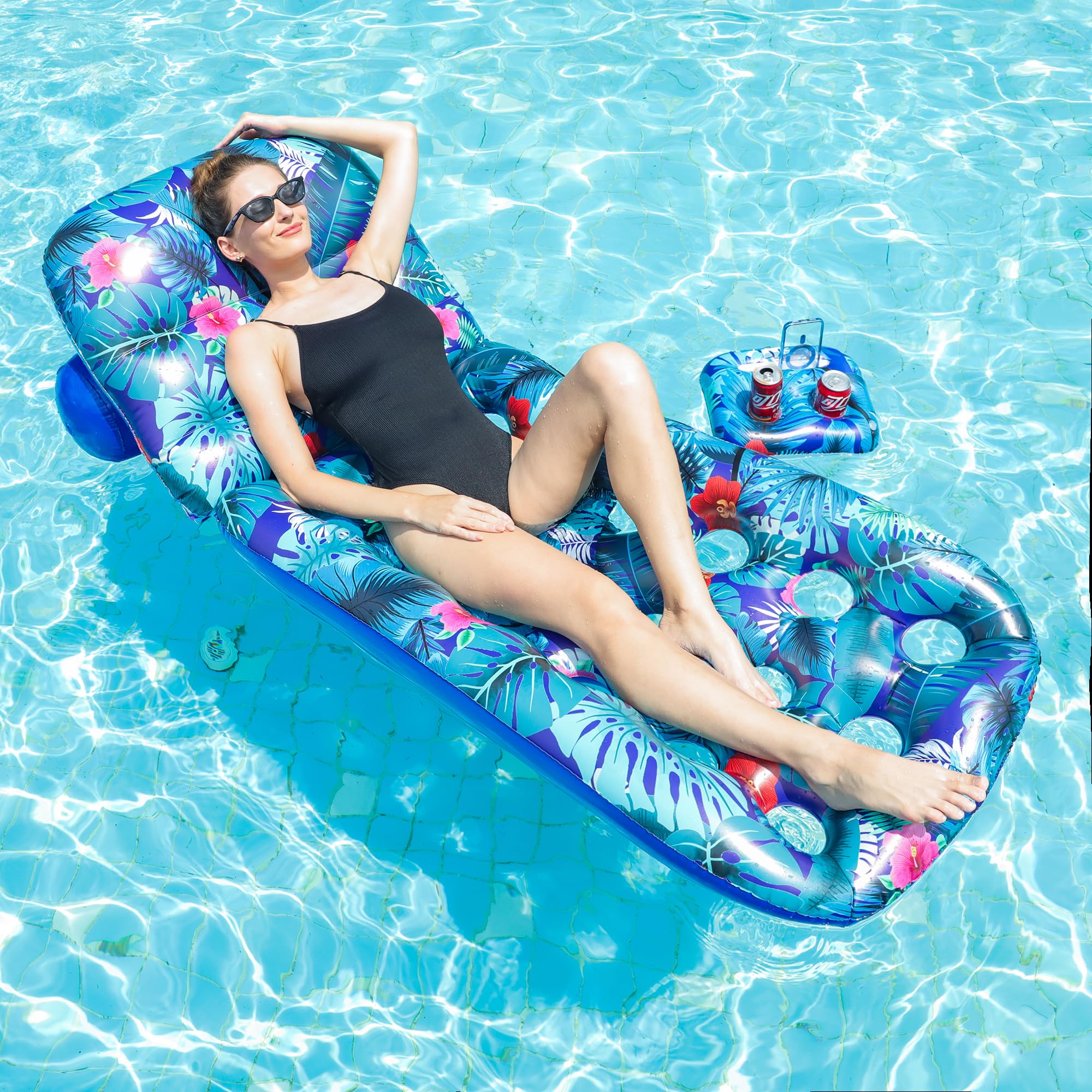 FindUWill Pool Floats Adult - 2 Pack Inflatable Pool Float with Cup Holder, Headrest, Pool Lounger Floaties Raft Heavy Duty, Pool Float Lounger Cooling Pool Floaties for Vacation