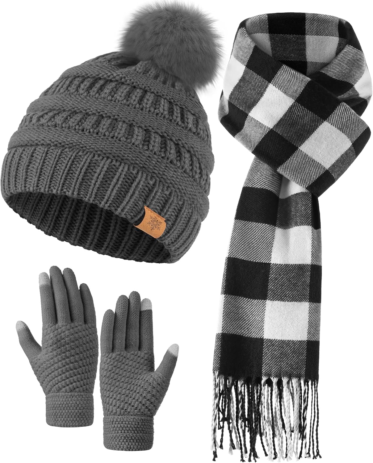 Winter Hat Gloves Scarf Set for Women, Fleece Lined Beanies, Long Scarf for Women and Touchscreen Winter Gloves Set Grey - Image 1 of 7