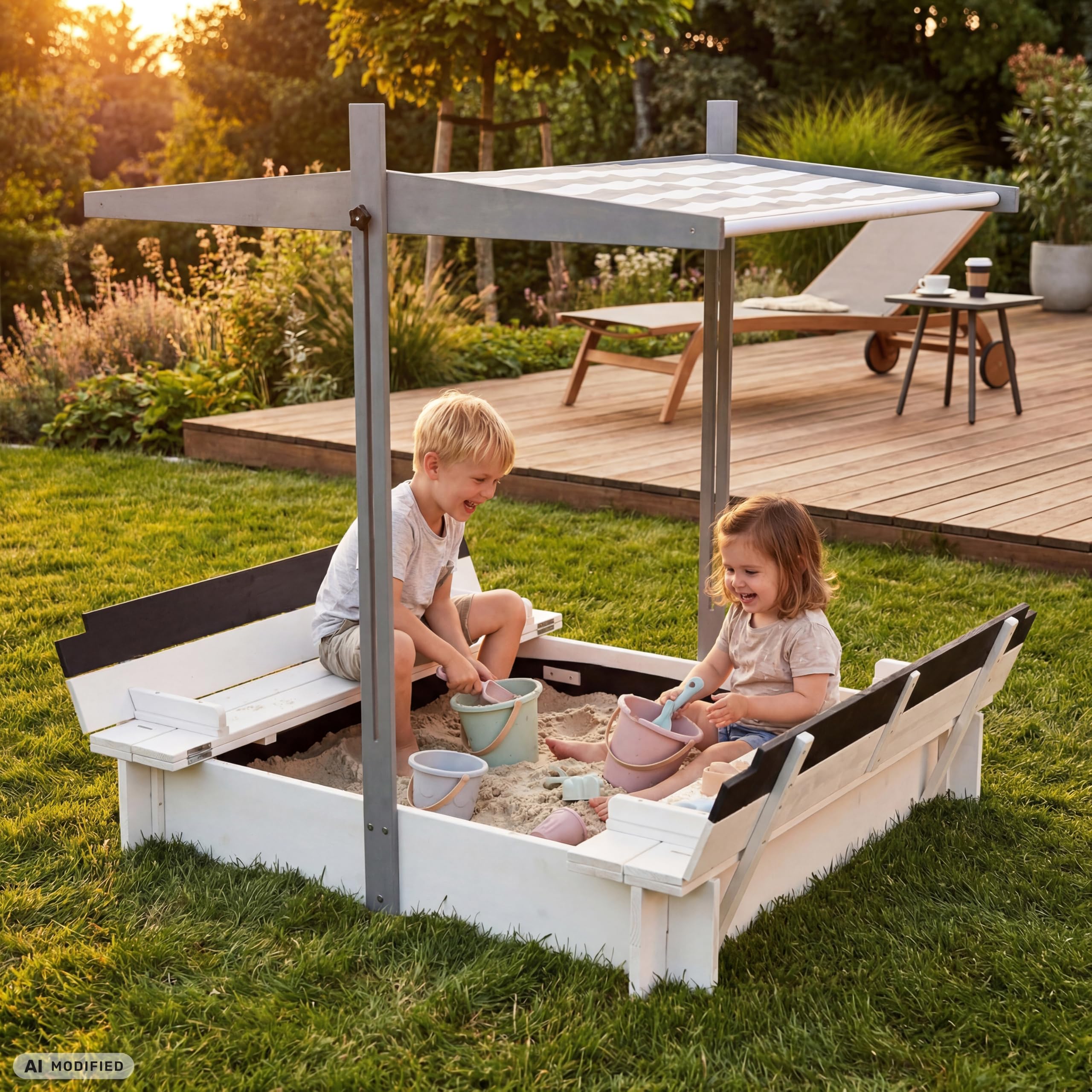 Arenero de diseño de madera con techo, cubierta y banco, caja de arena para niños con tapa plegable, protección solar UV, caja de arena cuadrada para jardín, parque infantil, 120 x 120 cm
