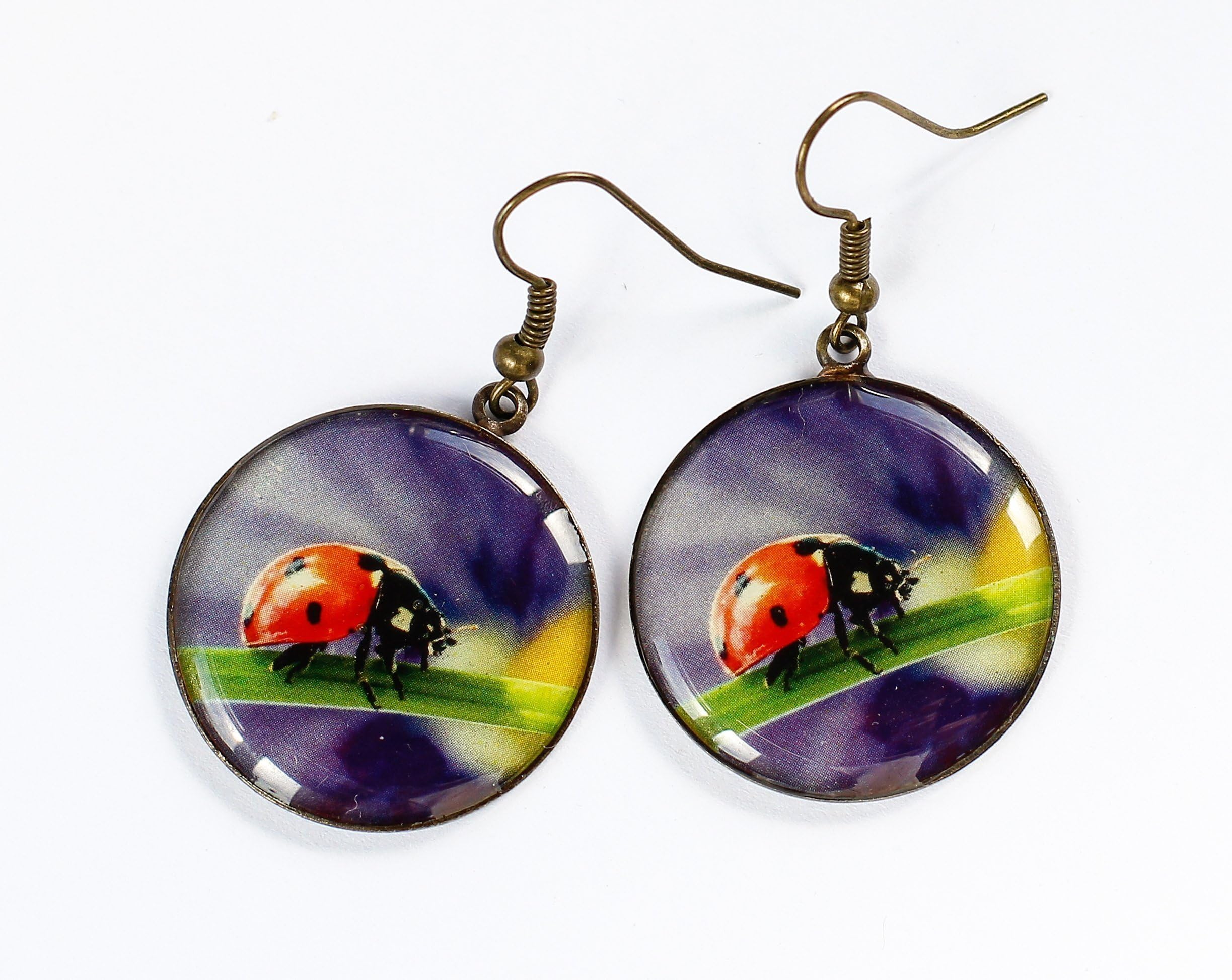 E39 Unique High Fashion Bright Purple Flower Ladybug Photo Print Epoxy Resine Earrings Handmade Jewelry Gift for women Pattern design dangle casual earrings