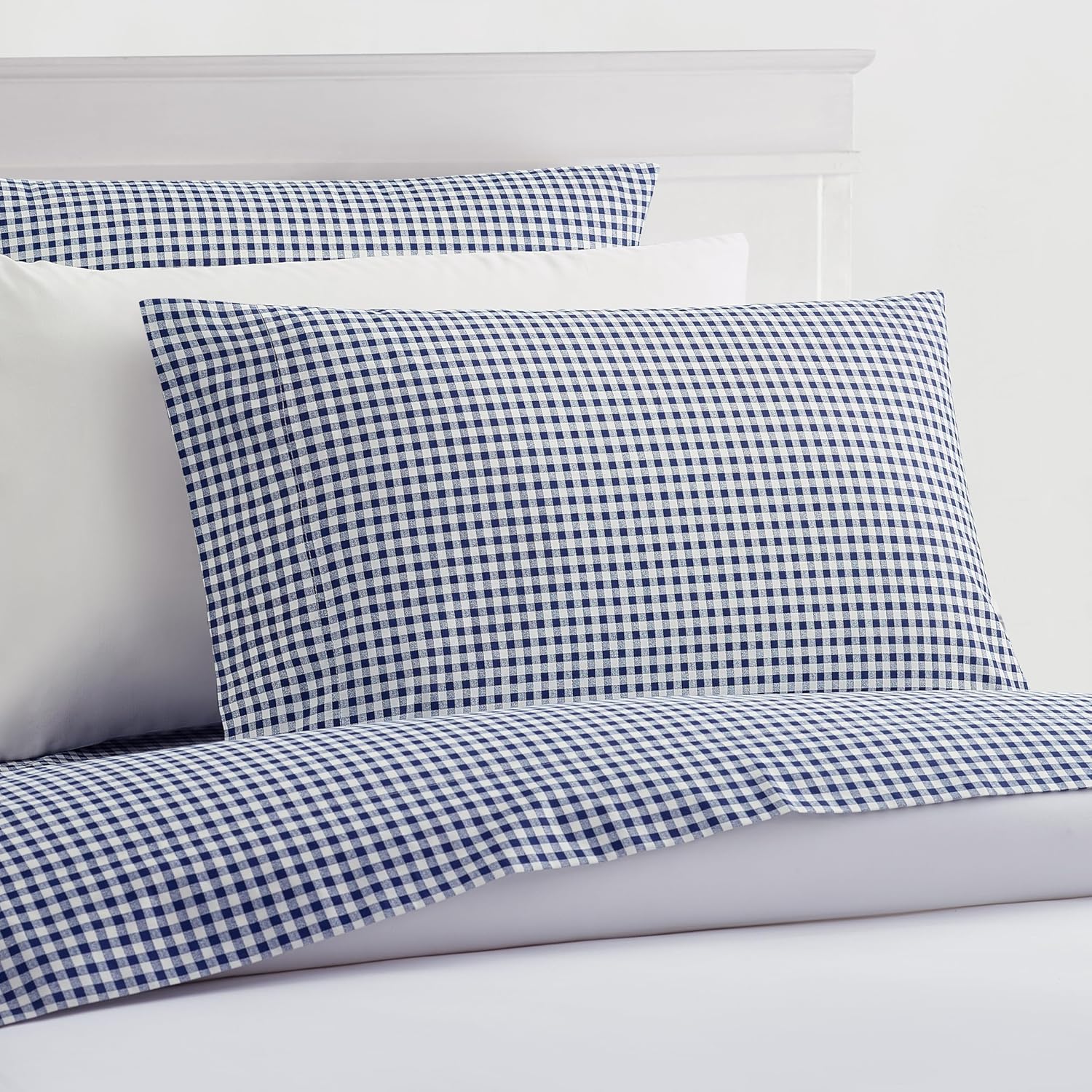 Laurel & Mayfair Classic 250tc 100% Cotton Gingham Checkered Print Sheet Set, Cool & Crisp Percale Weave, Queen, Navy