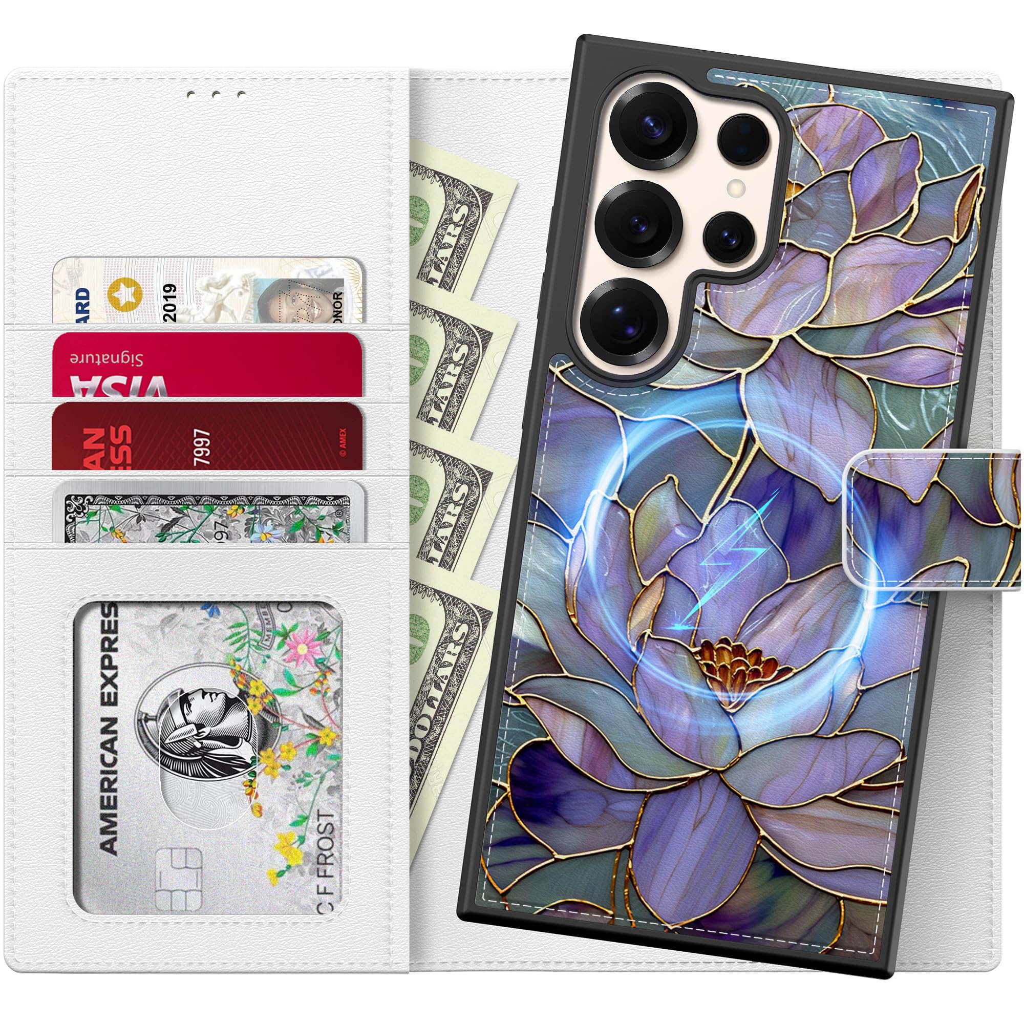 FUNMIKO for Samsung Galaxy S25 Ultra Detachable Wallet Case with Card Holder + Cash Clip, PU Leather Flip Folio Kickstand, RFID-Blocking, Wireless