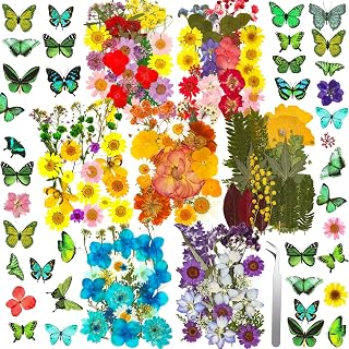 231 PCS Pressed Flowers Bulk for Resin Crafts, Dried Pressed Flowers Butterfly Stickers with Tweezers Real Natural Dry Wildflowers for Resin Molds DIY Art Candle Phone Cases Bookmark Jewelry Making