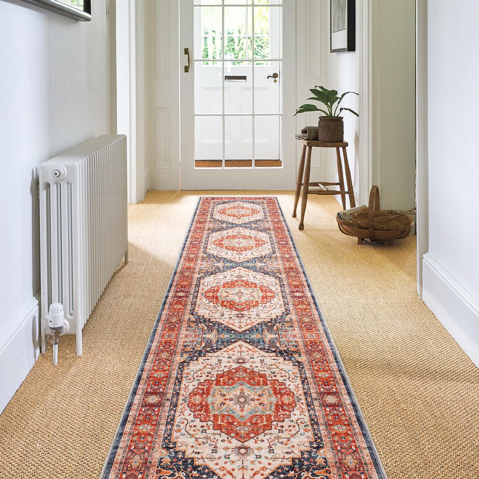 Carvapet Alfombras de Pasillo Larga 60x300cm Alfombra Corredor Antideslizante Naranja Alfombras de área Lavable Suave Microfibra Medallón Vintage Alfombra Comedor Pasillo