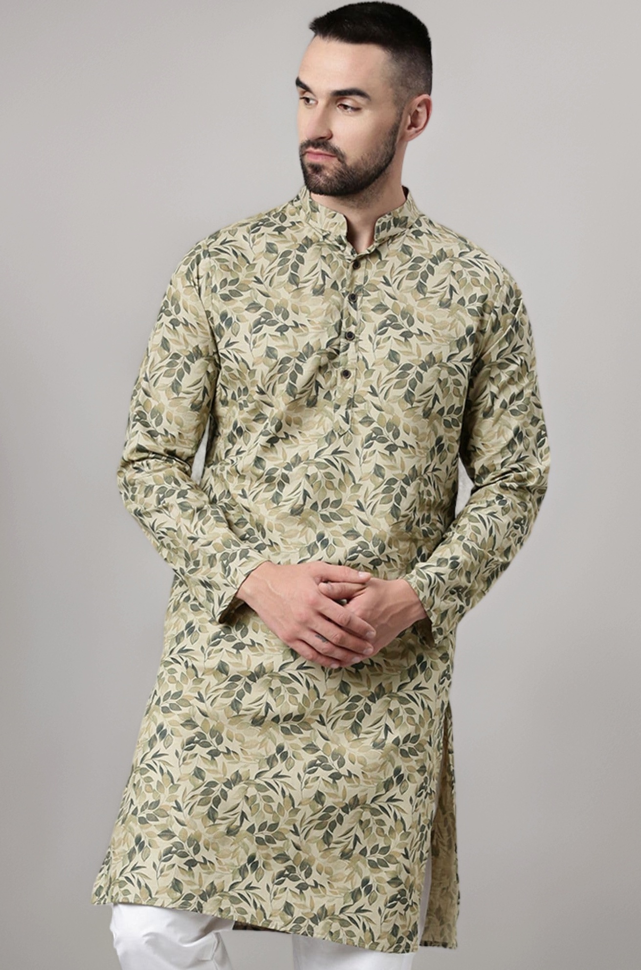 Majestic Man Men's Cotton Regular Fit Casual Mandarin Collar Ethnic Motifs Printed Long Regular Kurta