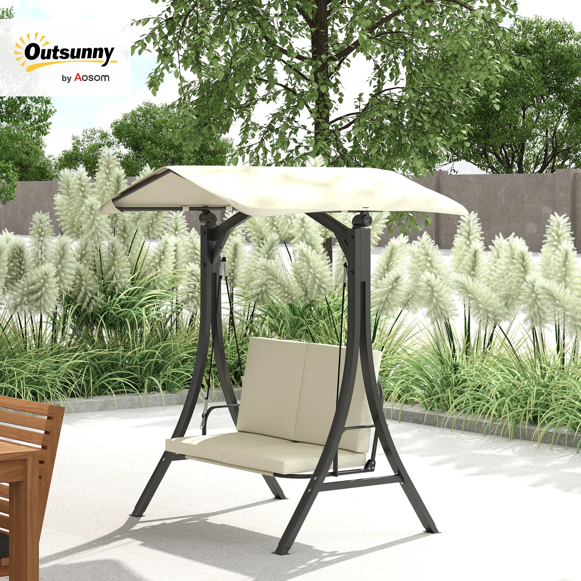 Outsunny Hollywoodschaukel mit verstellbarem Sonnendach Sitzauflage, 2-Sitzer Gartenschaukel belastbar bis 220kg, UV 30+ Schaukelbank für Garten, Terrasse, 150x120x182cm, Cremeweiß