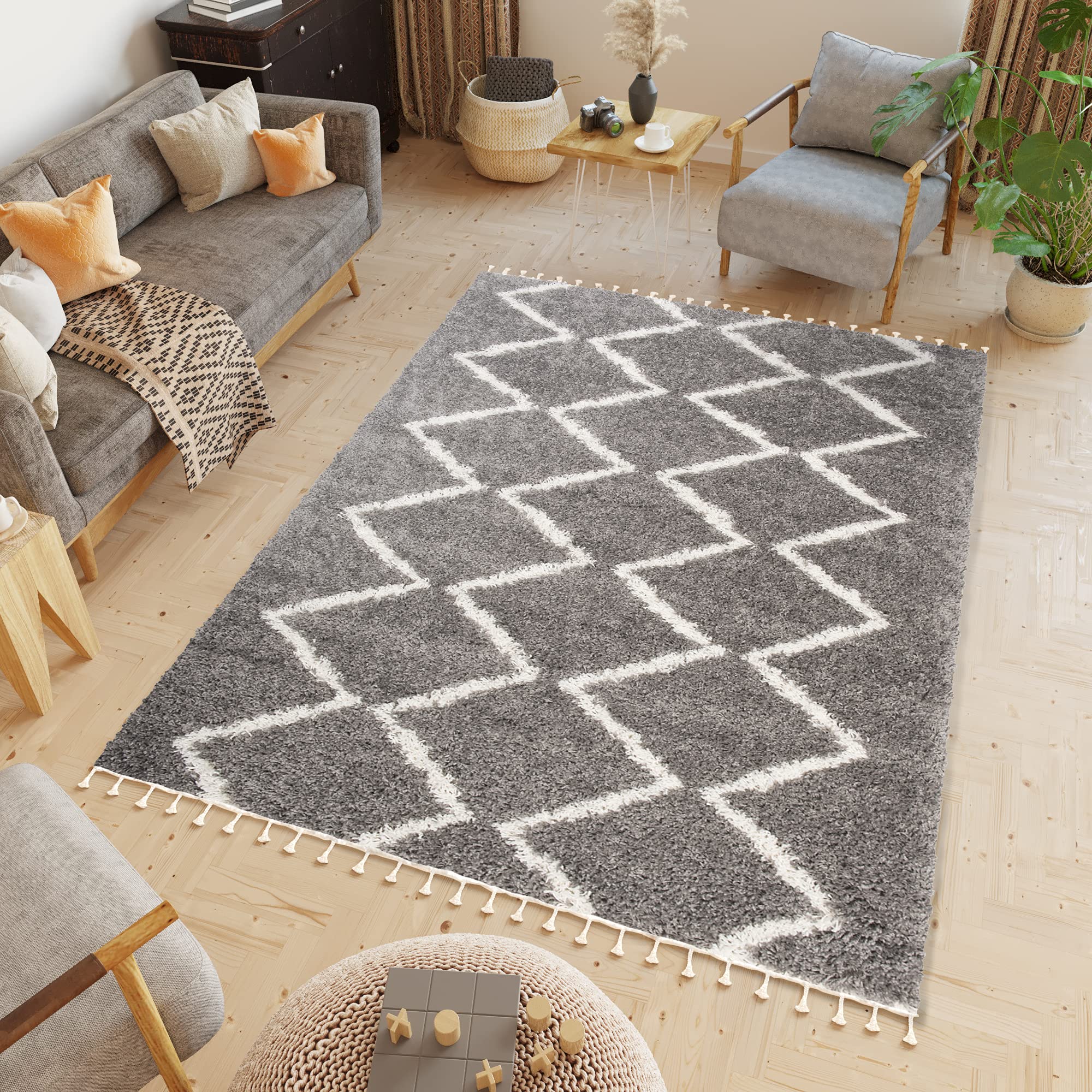 TAPISO Boho Alfombra Shaggy con Borlas Alfombra de Pelo Largo Mullida Diseño Moderno Étnico Zigzag Gris Crema Salón Dormitorio Habitación Infantil Oeko-Tex 160 x 220 cm