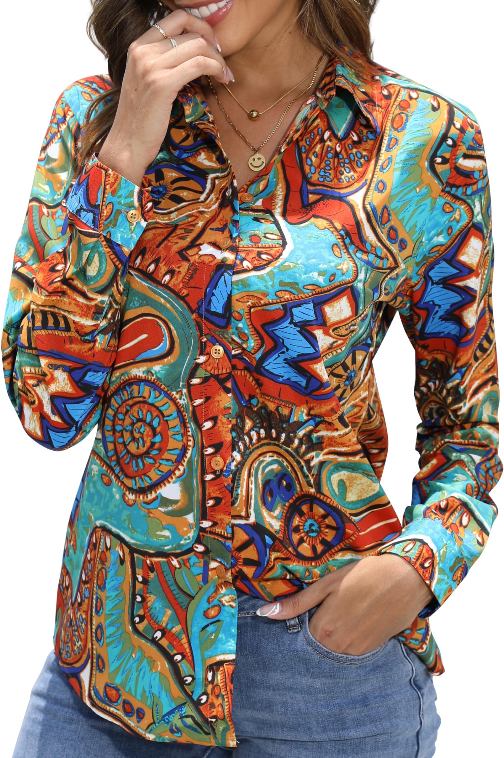 BBIBBIWrinkle-Resistant Women Silky Button Down Shirts 2025 Fashion Printed Long Sleeve Blouse Dressy Casual Tops