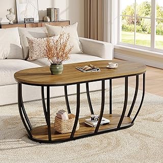 Tribesigns Oval Industrial Coffee Table with 2-Tier Storage, 47.2