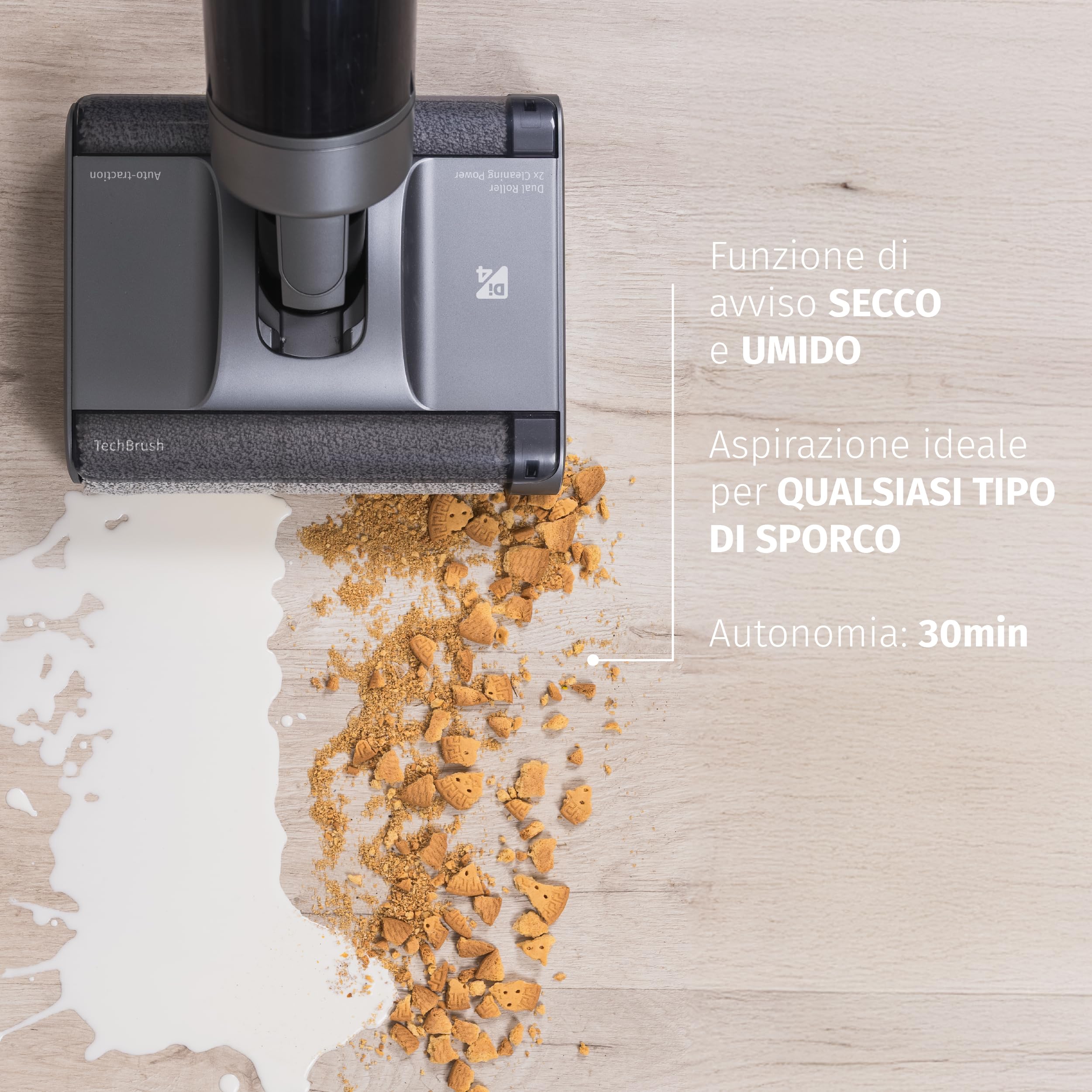 Di4 Velluto Doppio Lavapavimenti Elettrico 2‑in‑1 – Aspira, Lava e Asciuga, Doppio Rullo, Motore Digitale 200W, Autopulizia, Sensore di Sporco, 26 min di Autonomia, Display LED, Trazione Automatica