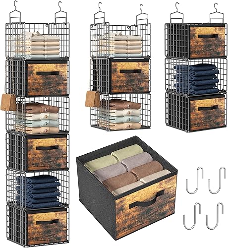 Organizador colgante de armario con cajones, organizadores de armario de metal de 6 niveles y almacenamiento con 4 ganchos para colgar, 4 ganchos en