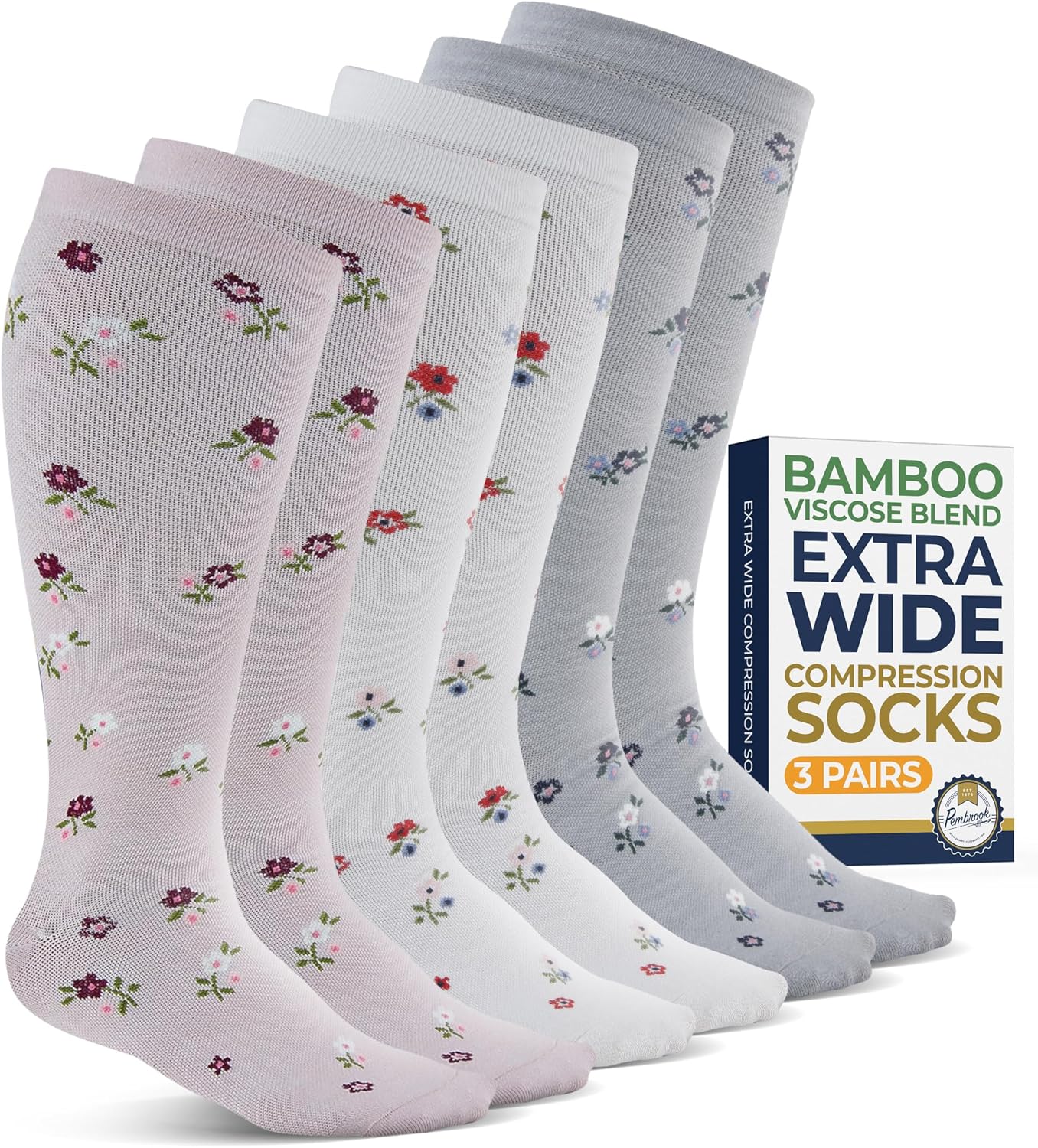Pembrook 3 Pairs Plus Size Compression Socks Wide Calf - Bamboo Viscose Compression Socks for Women Wide Calf