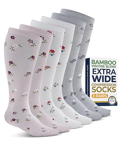 Pembrook 3 Pairs Plus Size Compression Socks Wide Calf - Bamboo Viscose Compression Socks for Women Wide Calf - Little Flowers - 3 Pairs - 3X-Large