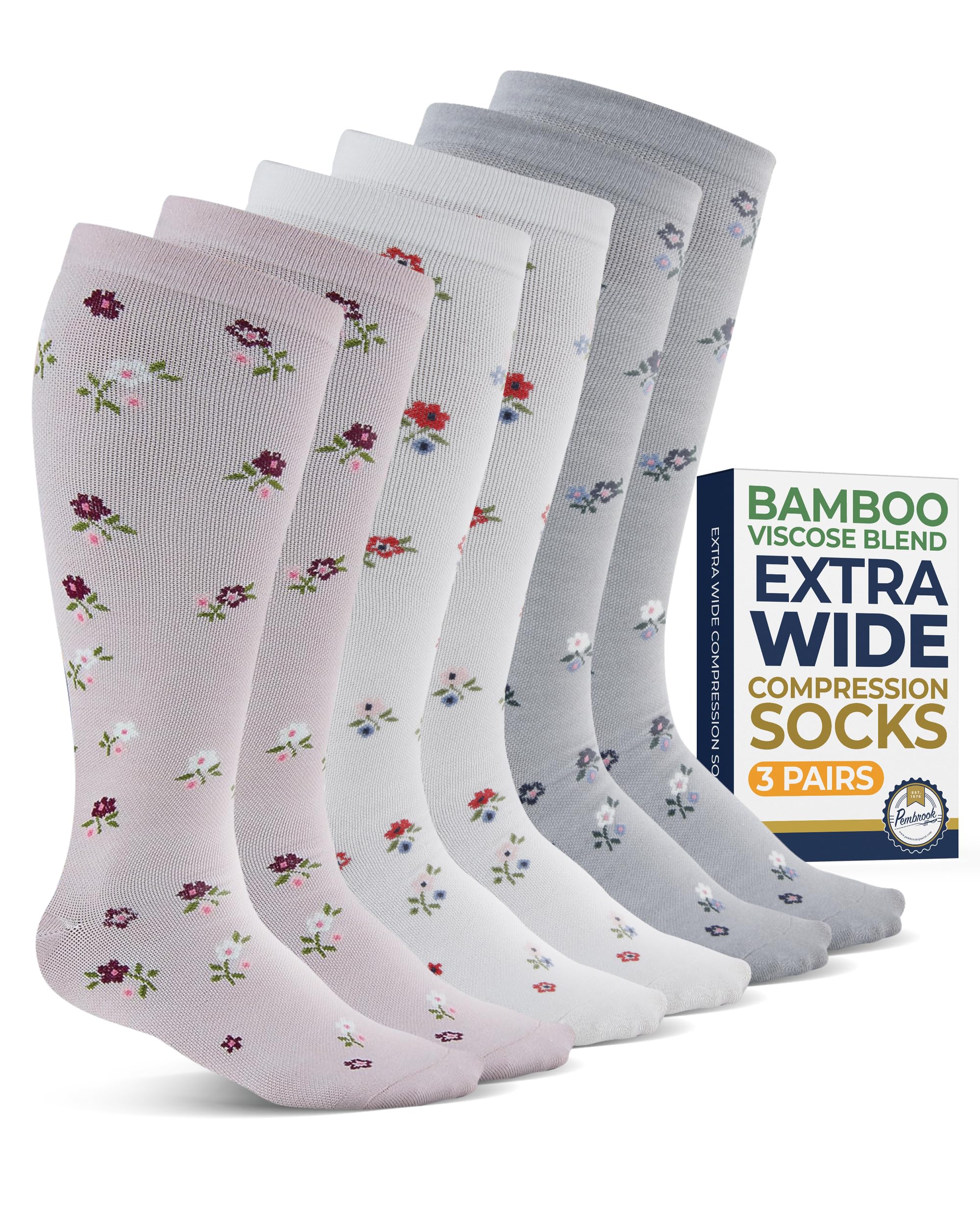 Pembrook 3 Pairs Plus Size Compression Socks Wide Calf - Bamboo Viscose Compression Socks for Women Wide Calf