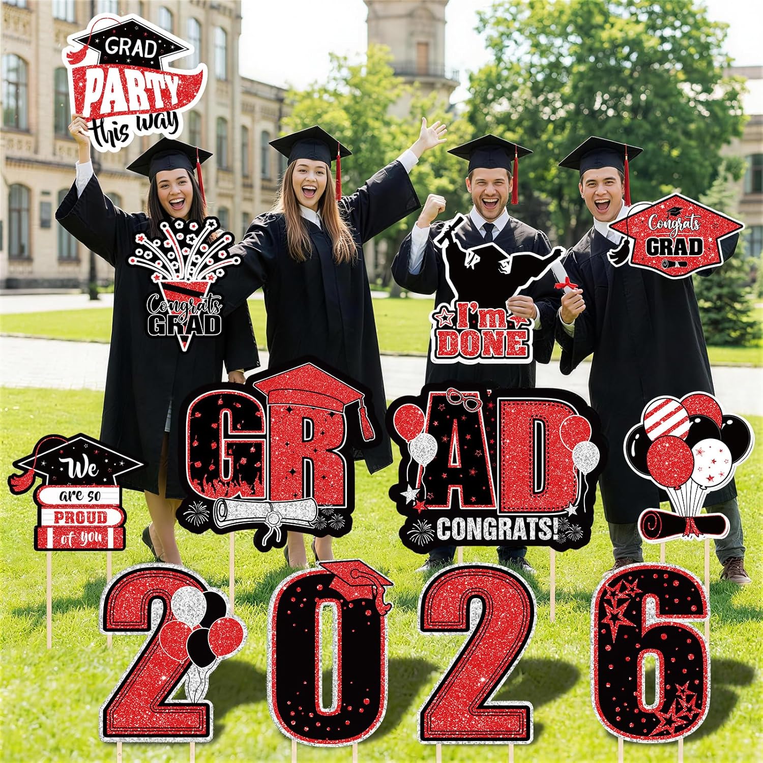 FunHot Graduation Yard Sign Class of 2026, Large Black and Red Grad Yard Signs, Waterproof Congrats Grad Cap Sign with Stakes Outdoor Lawn for College High School 2026 Graduation Party Decoration