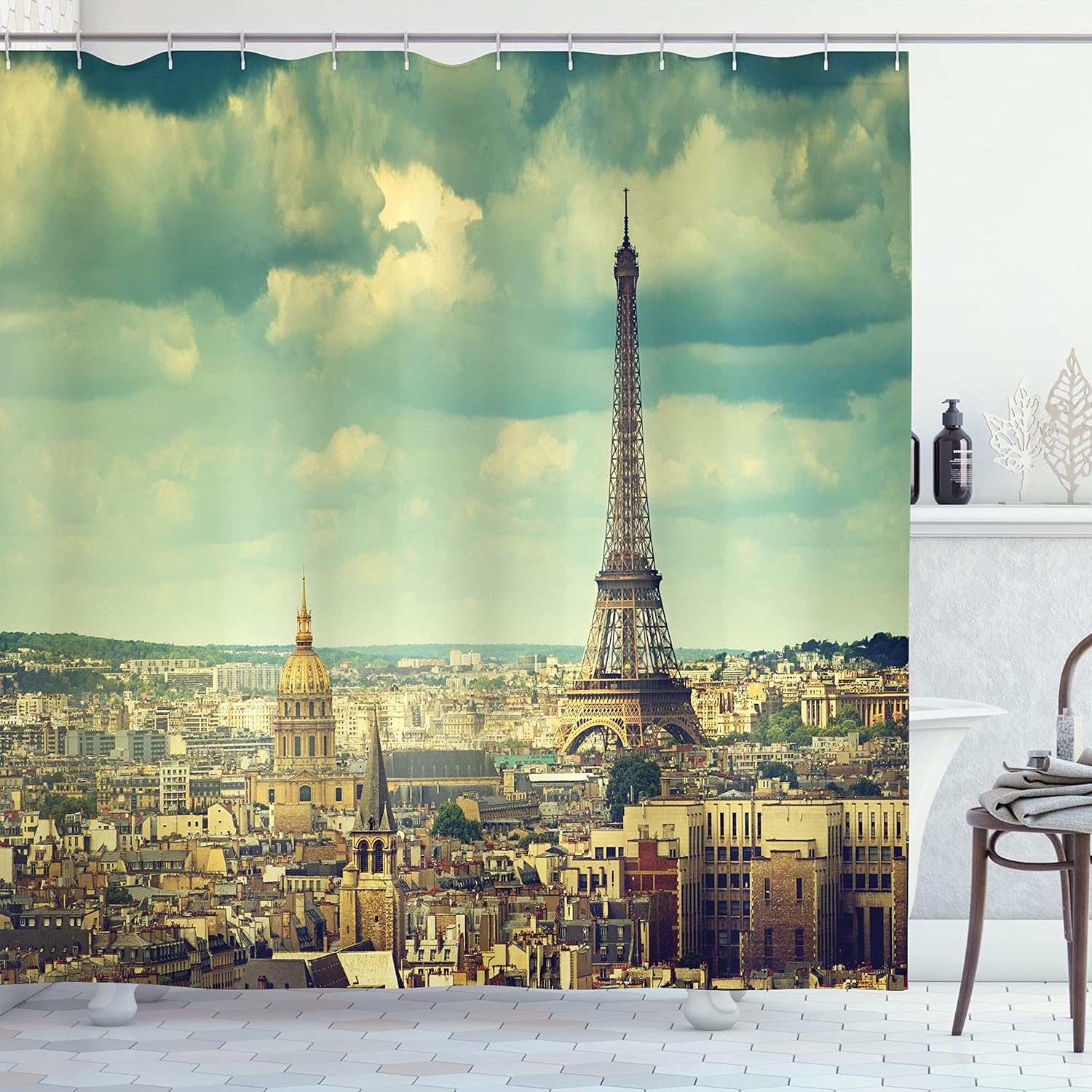 Ambesonne Eiffel Tower Shower Curtain, Europe Famous Building Cityscape Paris France Aerial View Urban, Cloth Fabric Bathroom Decor Set with Hooks, 69" W x 70" L, Green Brown Mint Green