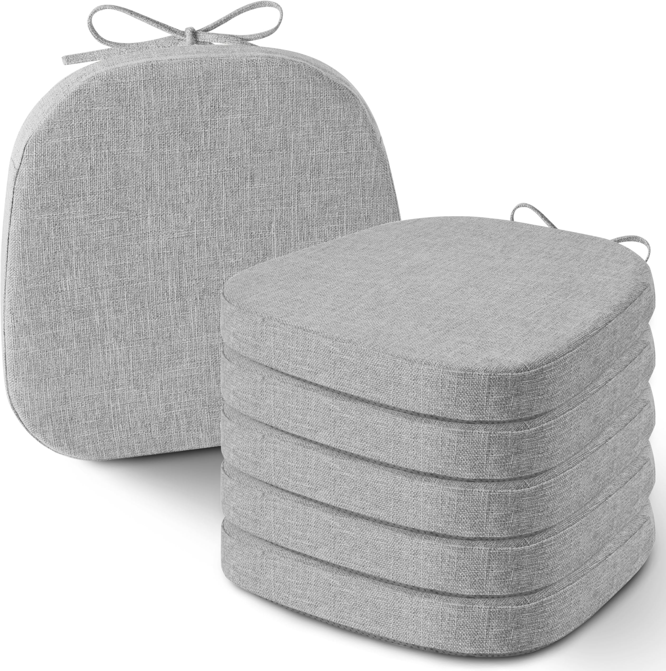 AddGrace Set of 6 Chair Cushions for Metal Dining Chairs 14x14 Chair Pads with Ties Non Slip Thick Seat Cushions with Textured and Removable Cover (6, Light Grey)