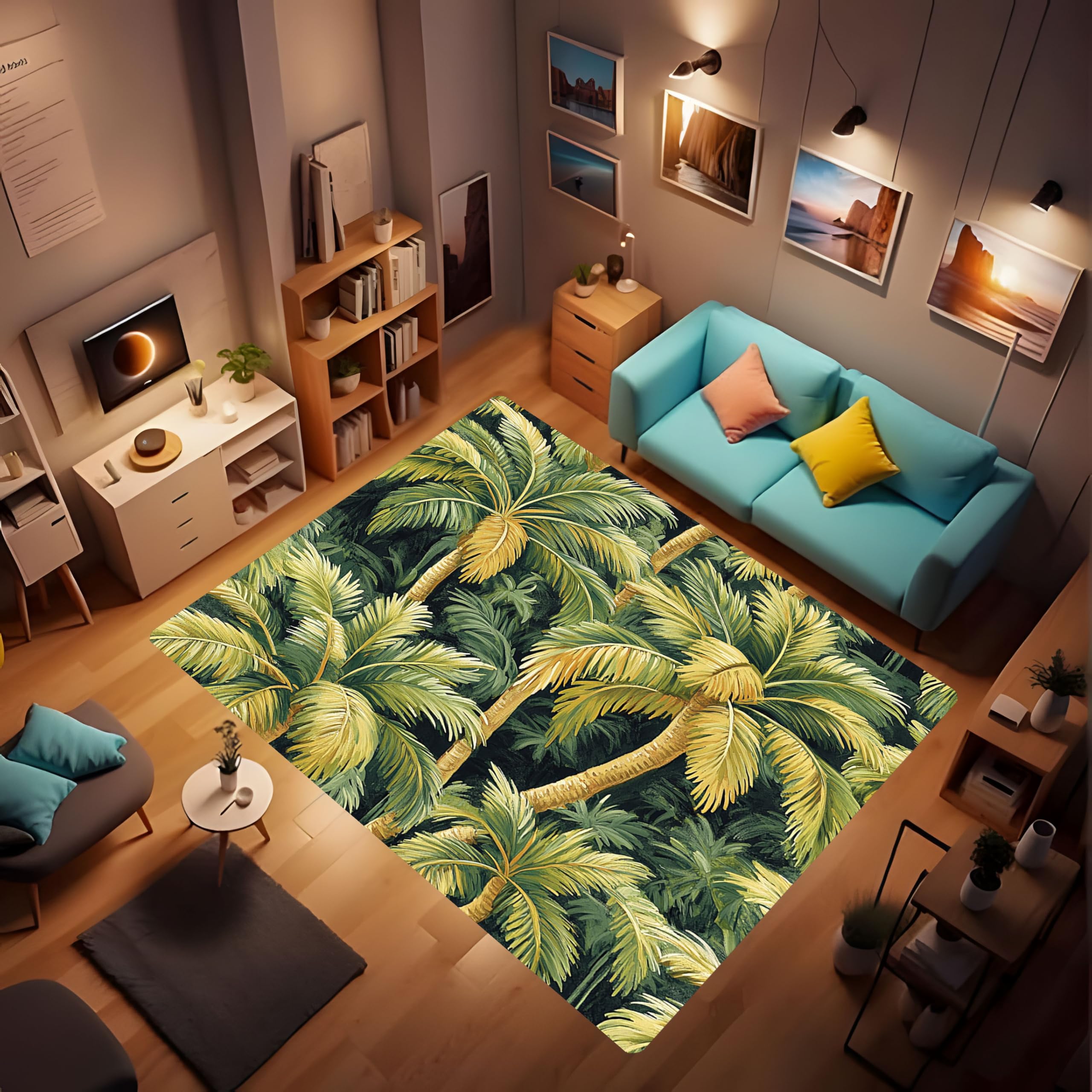 Tropical Style Lush Palm Tree Pattern Yellow Green Tone Seamless Pattern Botanical Print Carpet, Warm and Comfortable Flannel Fabric with Non-Slip