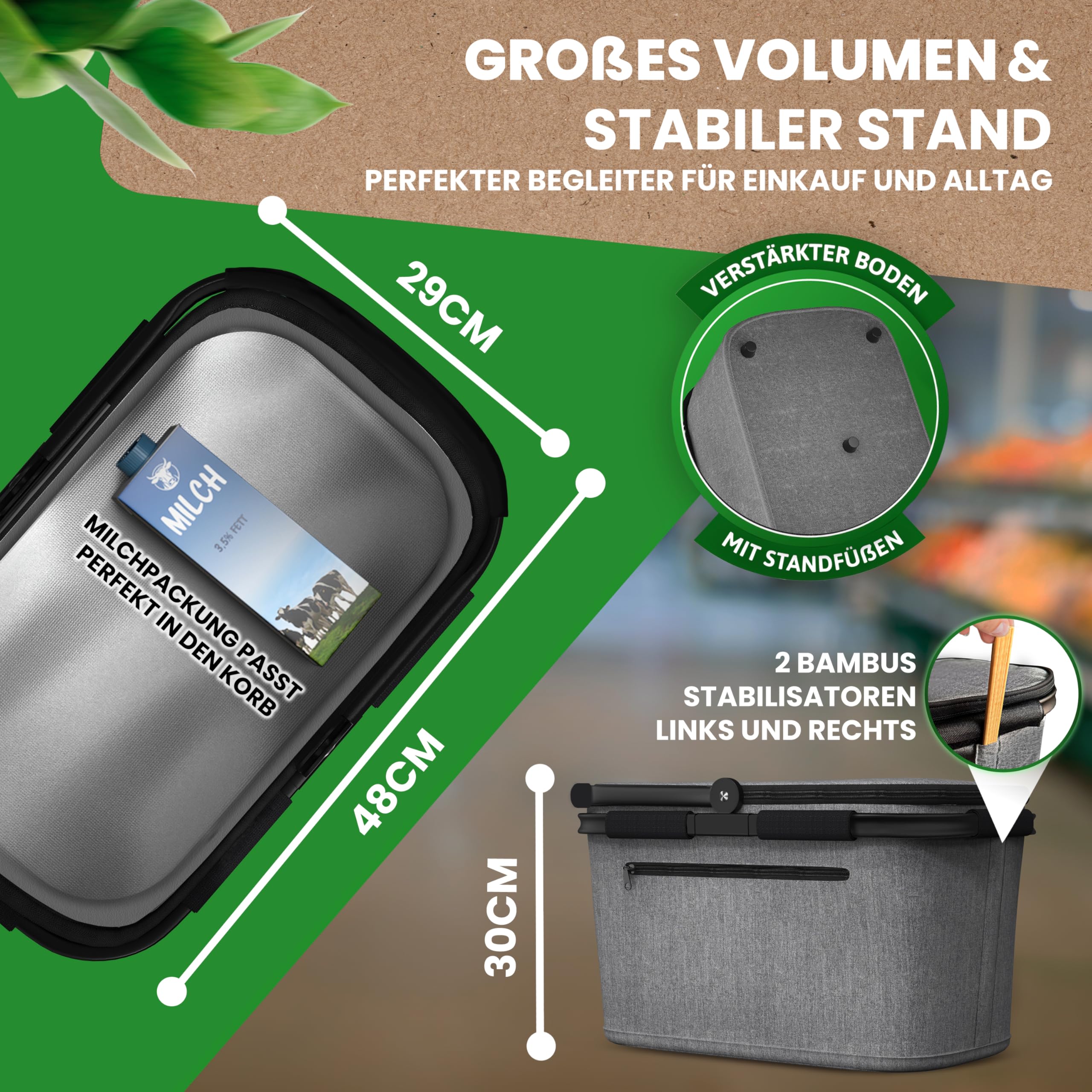 COTTARA Cesta de la compra térmica grande, aislada con tapa, base reforzada, compartimento frontal con cremallera, ideal como cesta refrigeradora o cesta de picnic (gris)