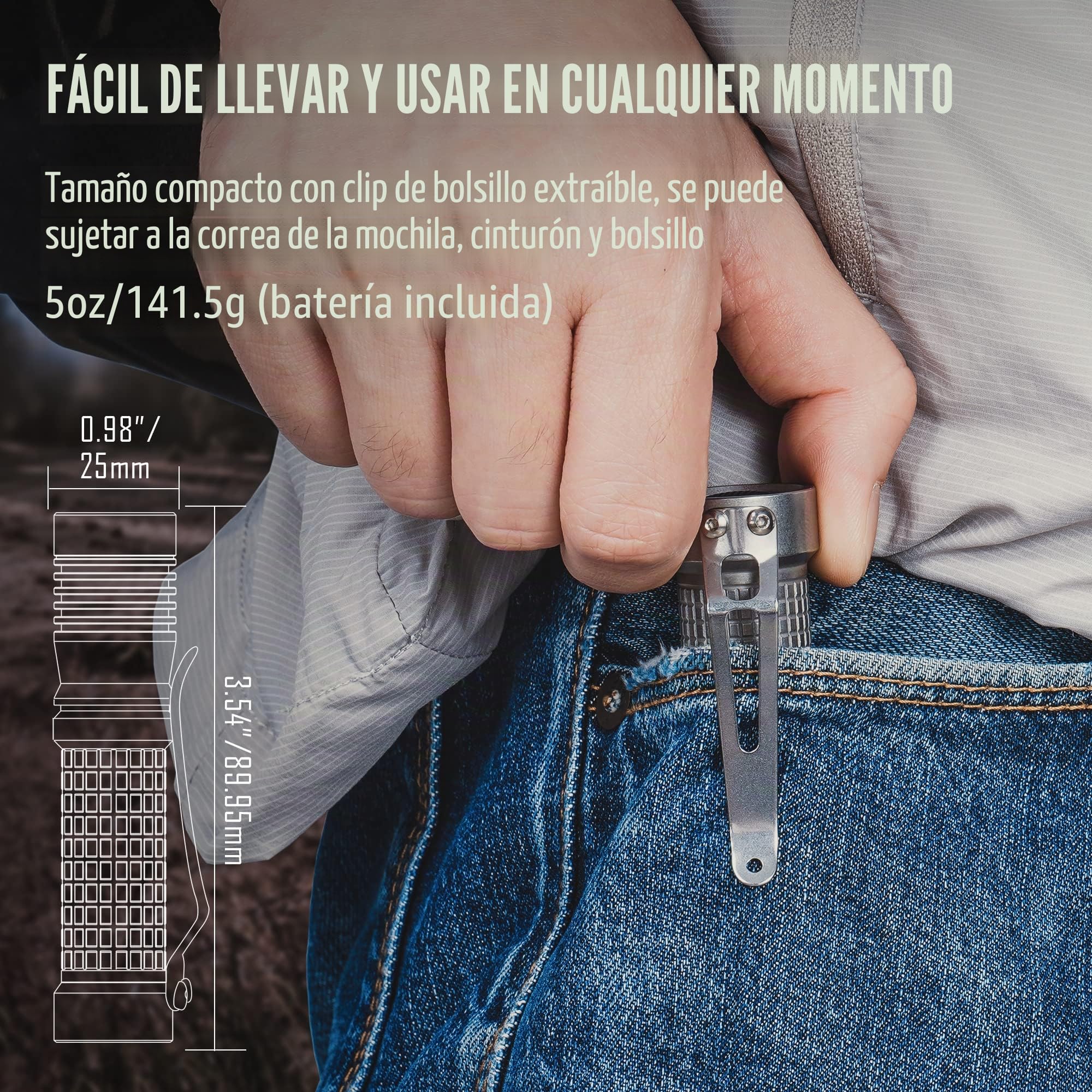 KeyUnity KF01 1050 Linterna LED de Alto lúmenes con Clip de Bolsillo, batería USB, 4 Modos, IPX7, Resistente al Agua, Linterna EDC de Mano compacta para Acampar al Aire Libre, Senderismo