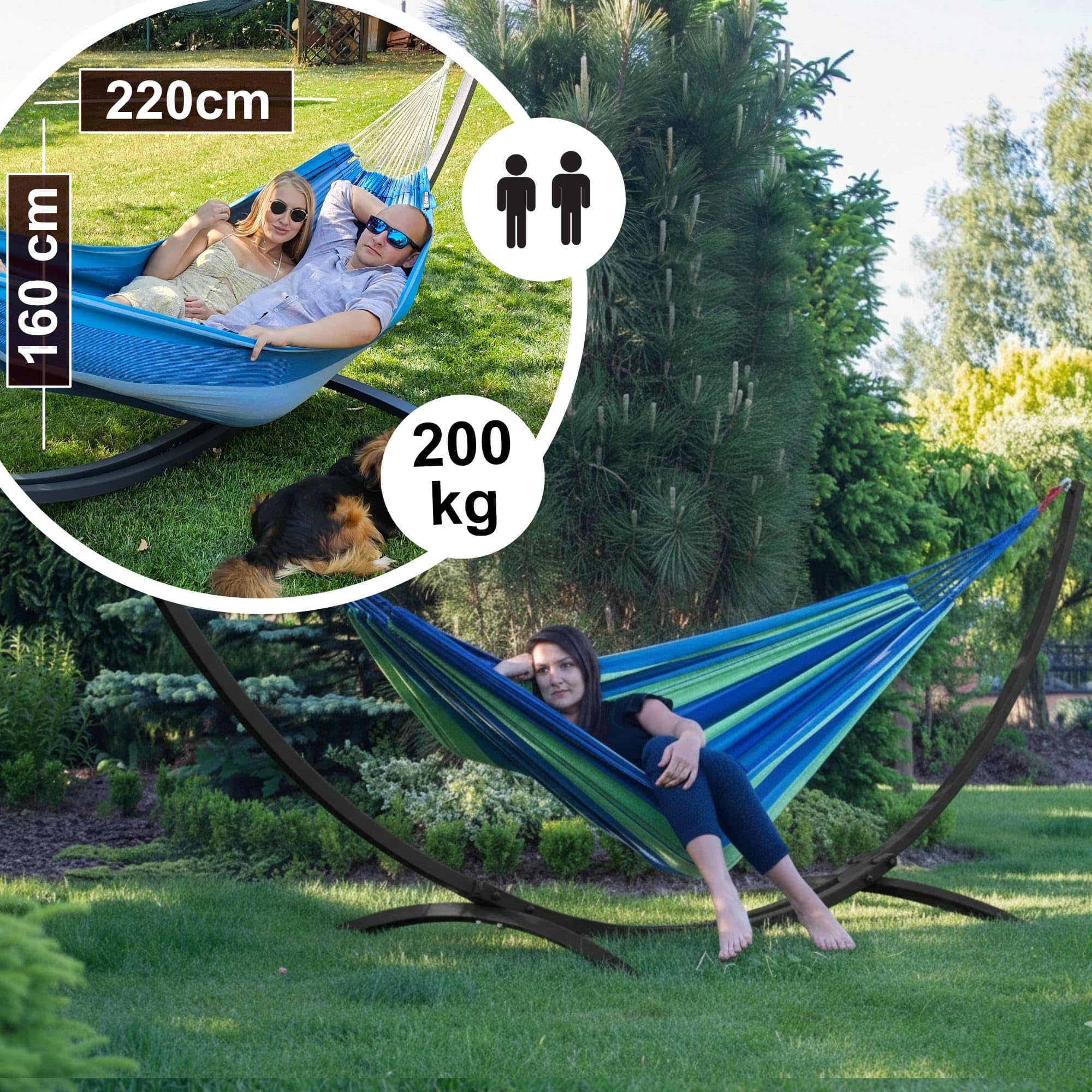 Potenza Outdoor Hängematte mit Verzinkter Gestell für 2 Personen I Baumwolle Doppelhängematte XXL 220x160, 200kg I Hängemattengestell 220kg, 