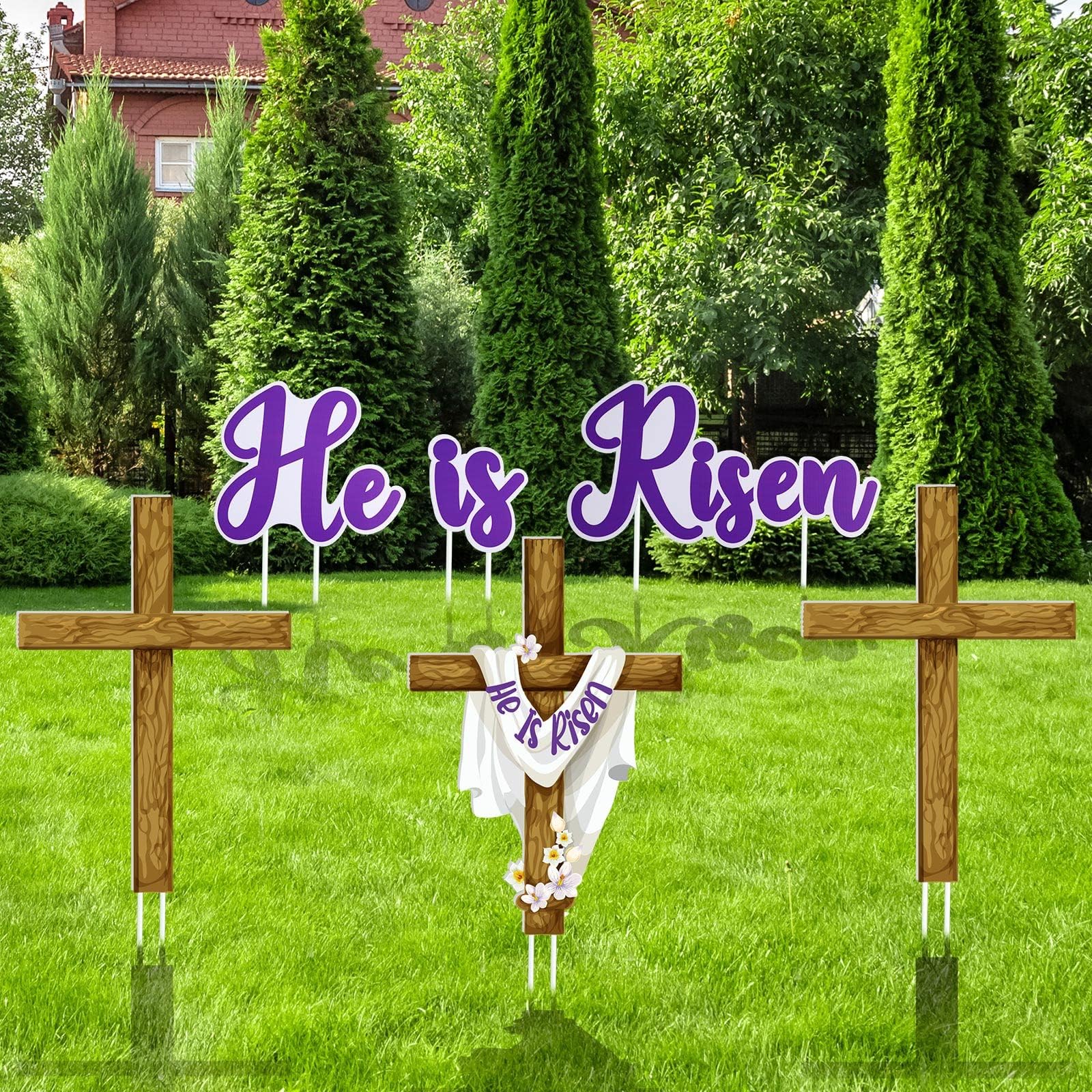 6 Pieces Happy Easter He Is Risen Yard Sign Decorations Rustic Cross Religious