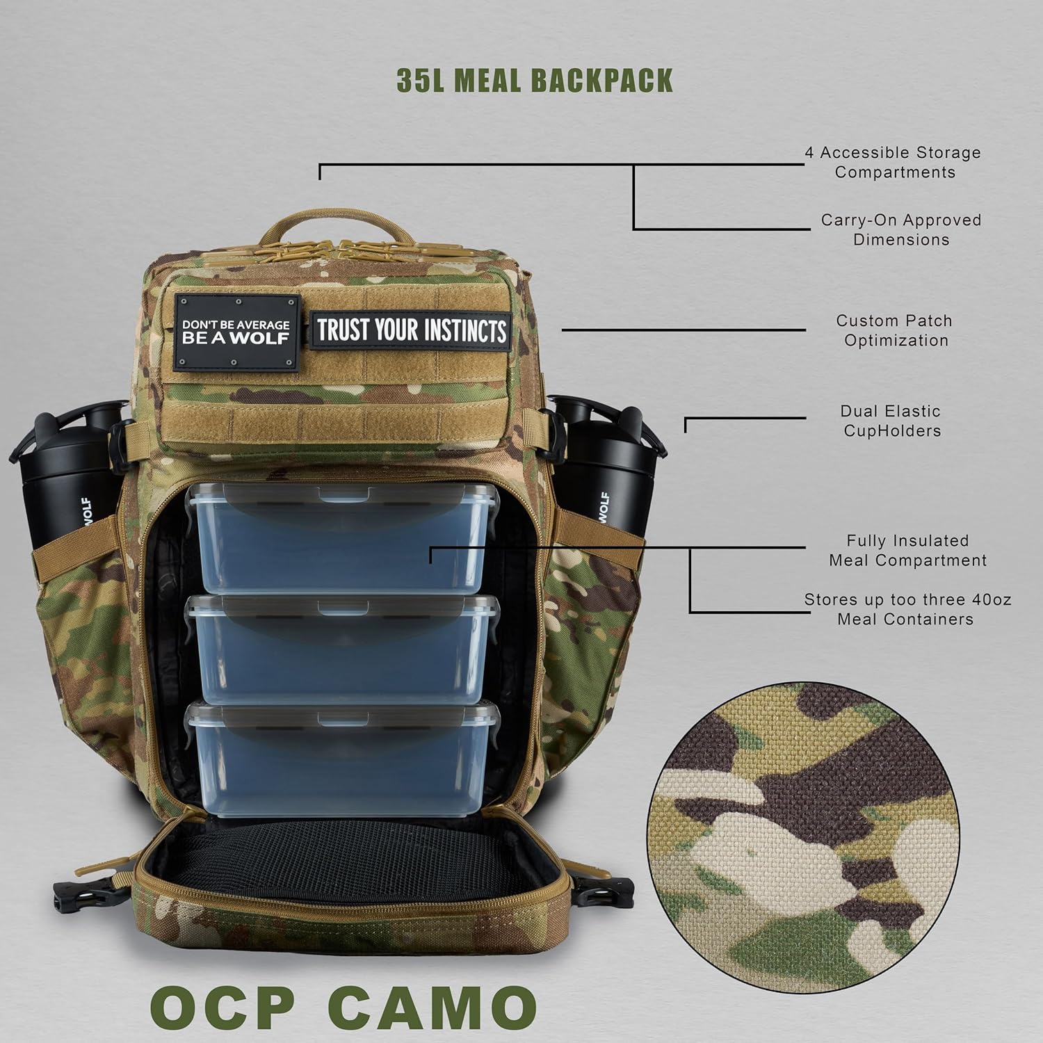 WOLFpak 35L Meal Prep Management Backpack (OCP Camo) | Easily Store & Organize Food Storage Containers w/Built-in Lunch Box, Cooler, Travel, Insulated Bag