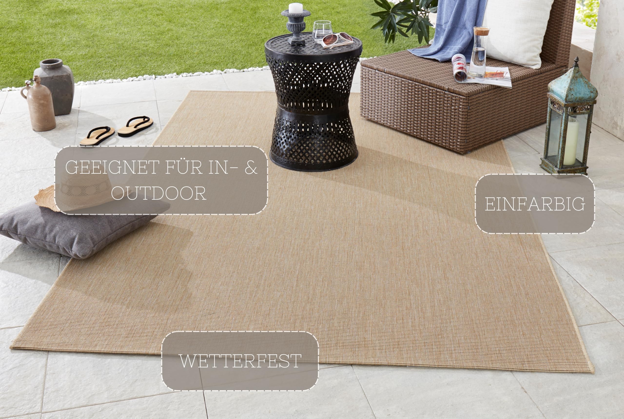 Hanse Home In- und Outdoor Teppich Match 240x340 cm - Wetterfest Modern Plain Allover Unifarben Design Teppich für Balkon Terrasse Garten Wintergarten Wohnzimmerteppich Wasserfest in Beige