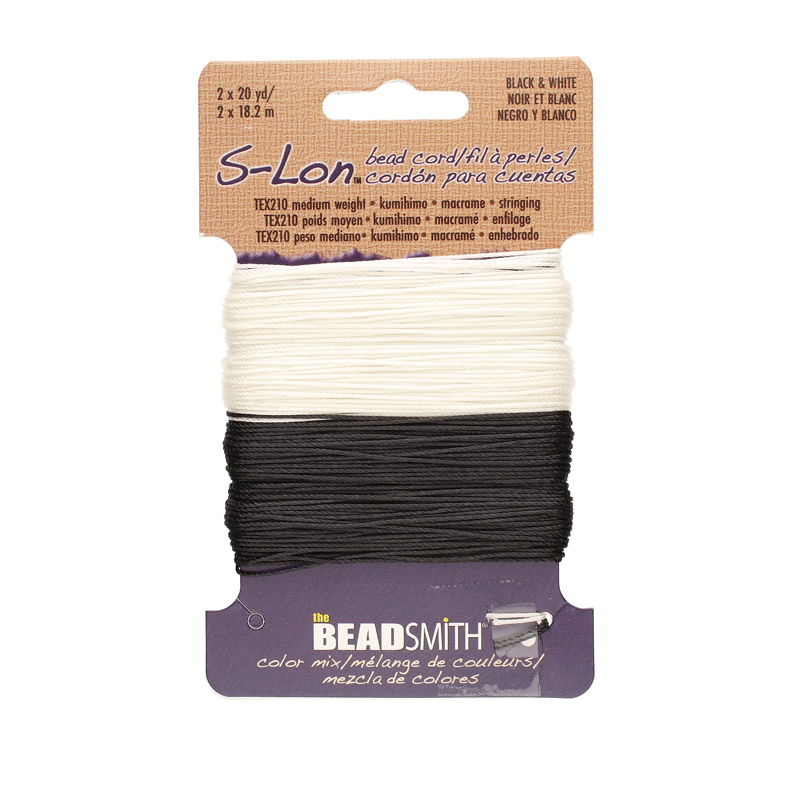 The Beadsmith S-Lon #18 - Corda in nylon bianco e nero – Tex210 Cord, diametro 5 mm, 20 metri ciascuno, ideale per infilare perline all'uncinetto e gioielli micro-macramè - compatibile con progetti