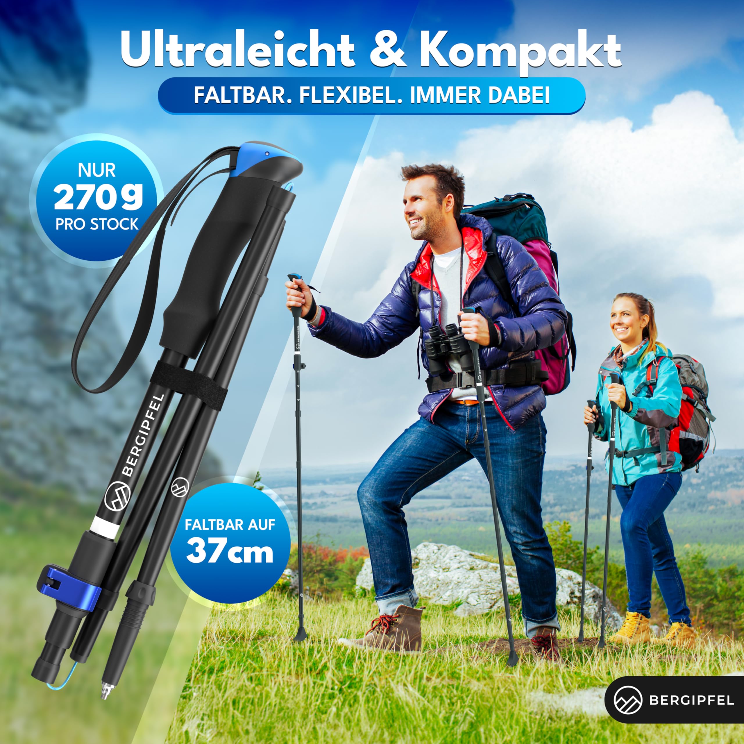 Teleskop-Wanderstöcke|Ultraleicht 270g|faltbar auf 37cm|verstellbar 115–130cm|Walkingstöcke aus Flugzeugaluminium|mit All-Terrain-Zubehör und Tasche|für Damen, Herren, Jugendliche