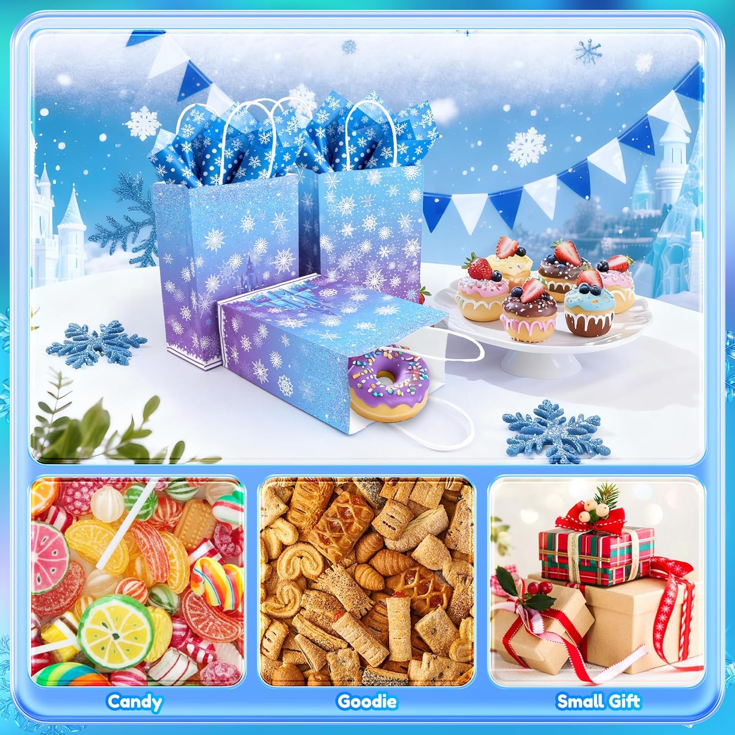 Gretion 16PCS Snowflake Gift Bags, Winter Snowflake Paper Goodie Bags with Handles,Blue Purple Resuable Castle Party Favor Candy Treat Bags for Christmas New Year Birthday Decoration Party Supplies - Image 4